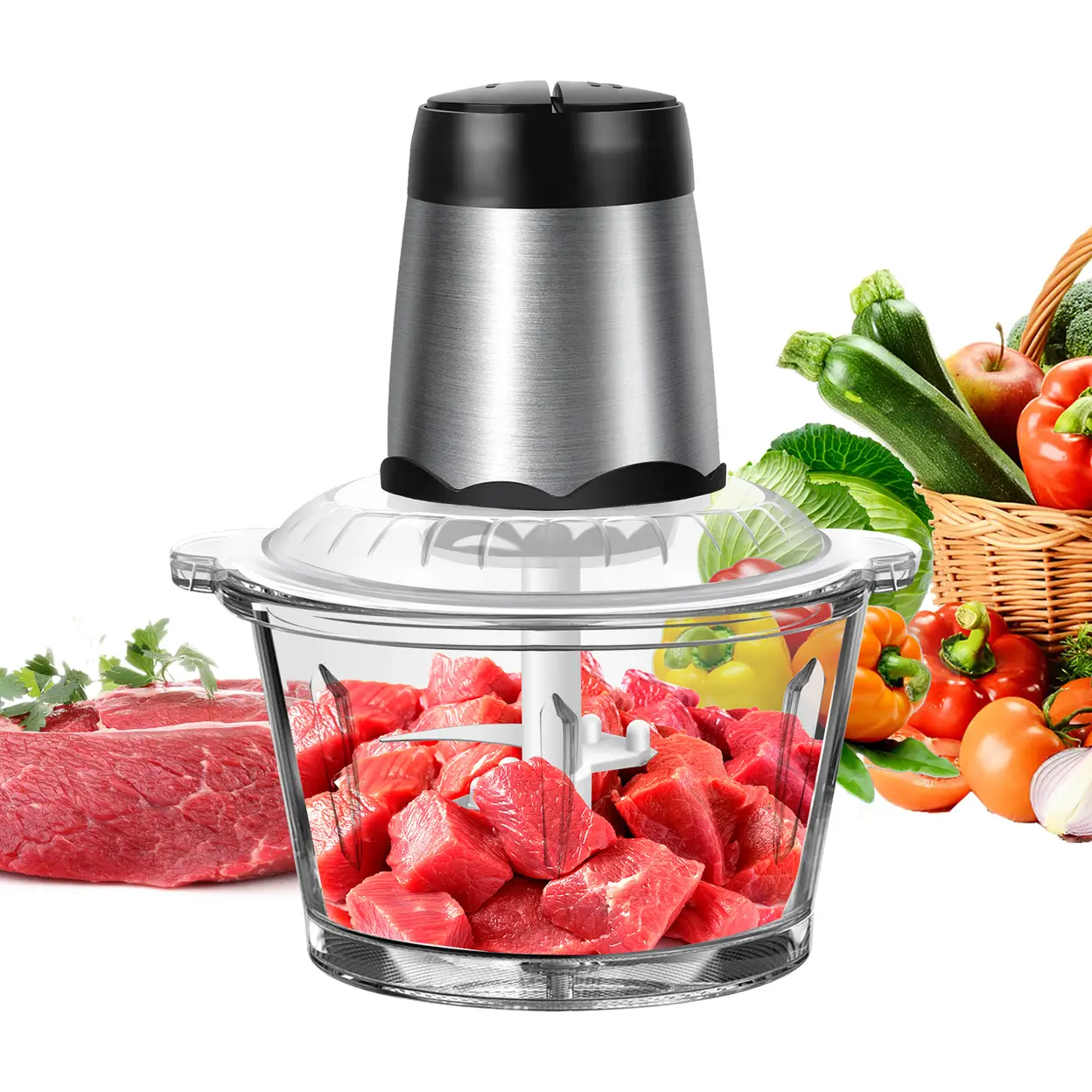 2 Liter Elektro Fleischwolf mit Glasschüssel und Edelstahlklingen, geeignet für Fleisch, Babynahrung, Obst und Gemüse | Zerkleinerer & Mühlen