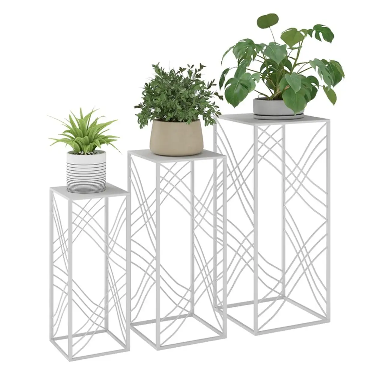 Outsunny 3er-Set Pflanzenständer, 50/60/70 cm hoch Blumenständer, stapelbar Pflanzenregal aus Metall, Blumenregal, Blumenhocker, Blumentopfständer für Wohnzimmer, Garten Balkon Deko, Weiß | Gartenmöbel & Zubehör