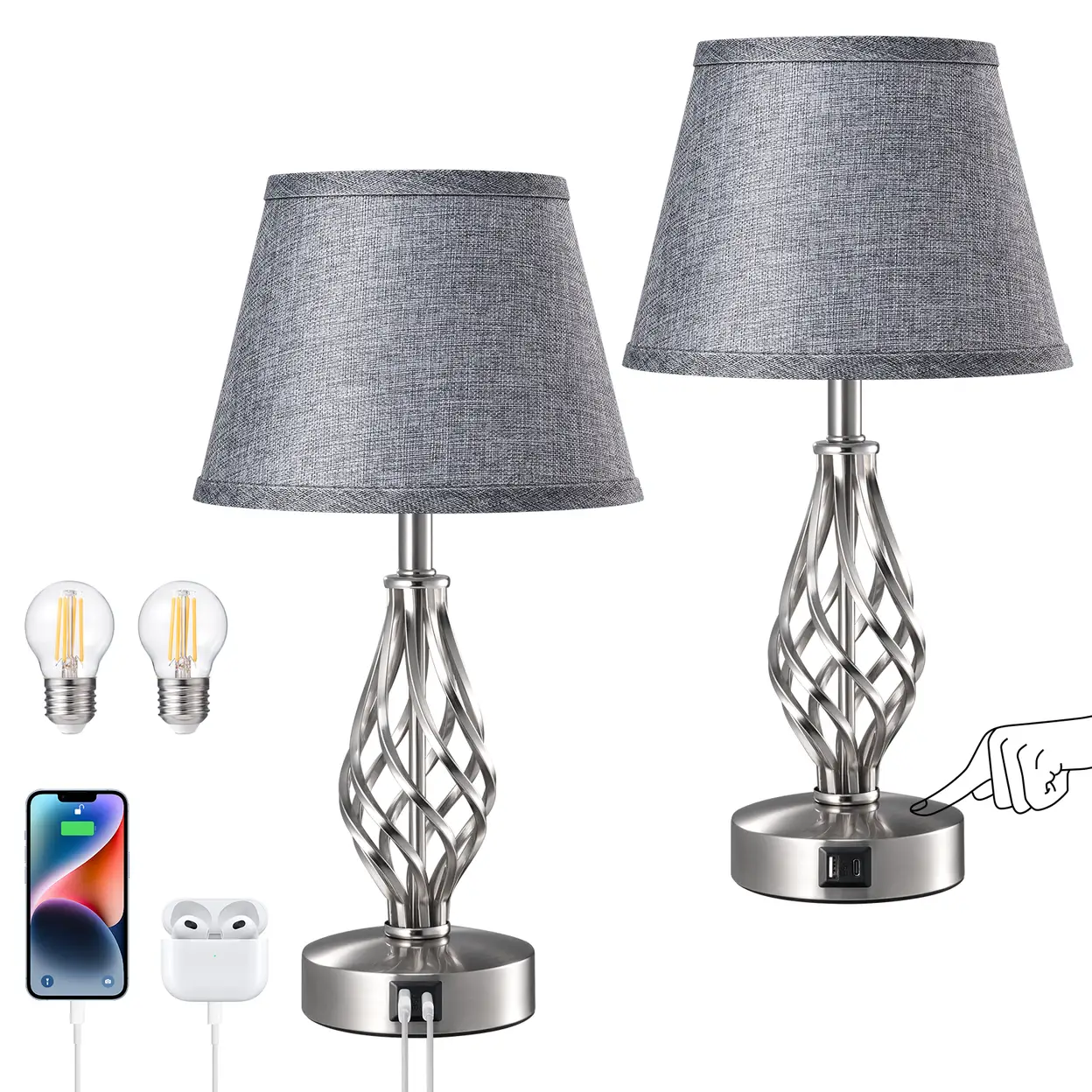 LED Nachttischlampe Touch Dimmbar 2er Set grau, Dekolampen， 2 USB Anschlüsse, für Schlaffzimmer | Tischlampen