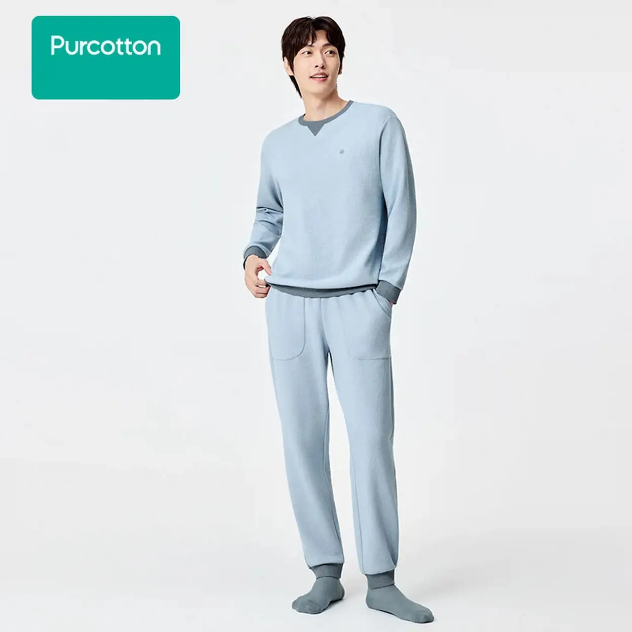 Men's Waffle Knit Loungewear Set,Aurora Blue,Top: UK 38 (M); Bottom: UK ...
