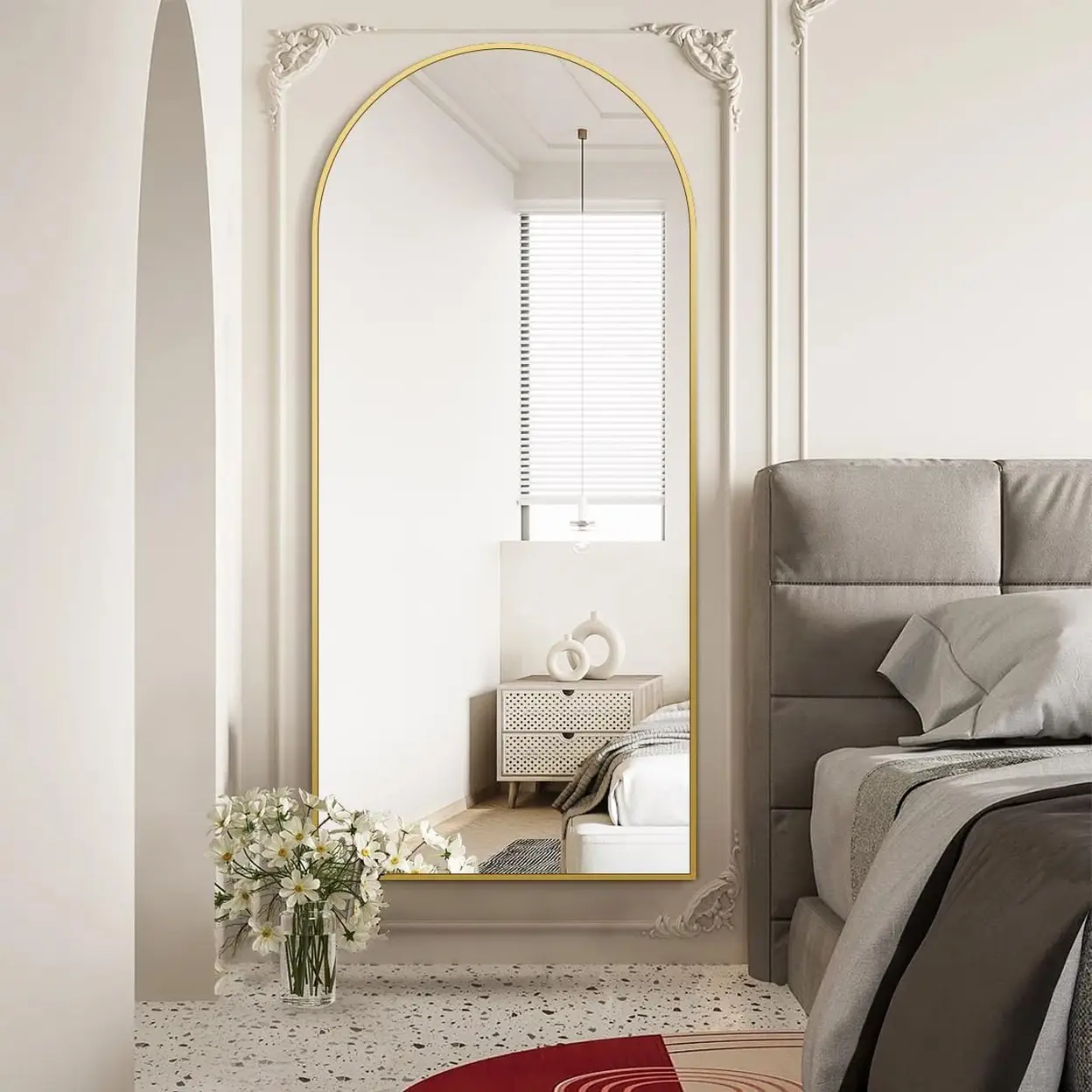 Bogen Ganzkörperspiegel, Gewölbter Standspiegel hängend oder lehnend an die Wand, Bodenspiegel mit Ständer für Schlafzimmer, Wohnzimmer oder Ankleidezimmer Gold 180L x 66B cm | Standspiegel