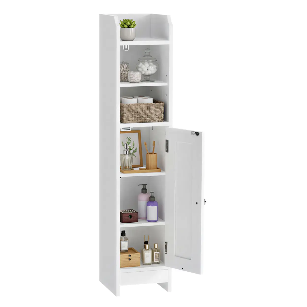 VASAGLE Badezimmerschrank klein, Badschrank schmal, stehend, mit Tür und Regal, kleiner Schrank für Toilettenpapier, verstellbare Ablagen Weiß 18.1x19.2x91.2cm | Badezimmerschränke