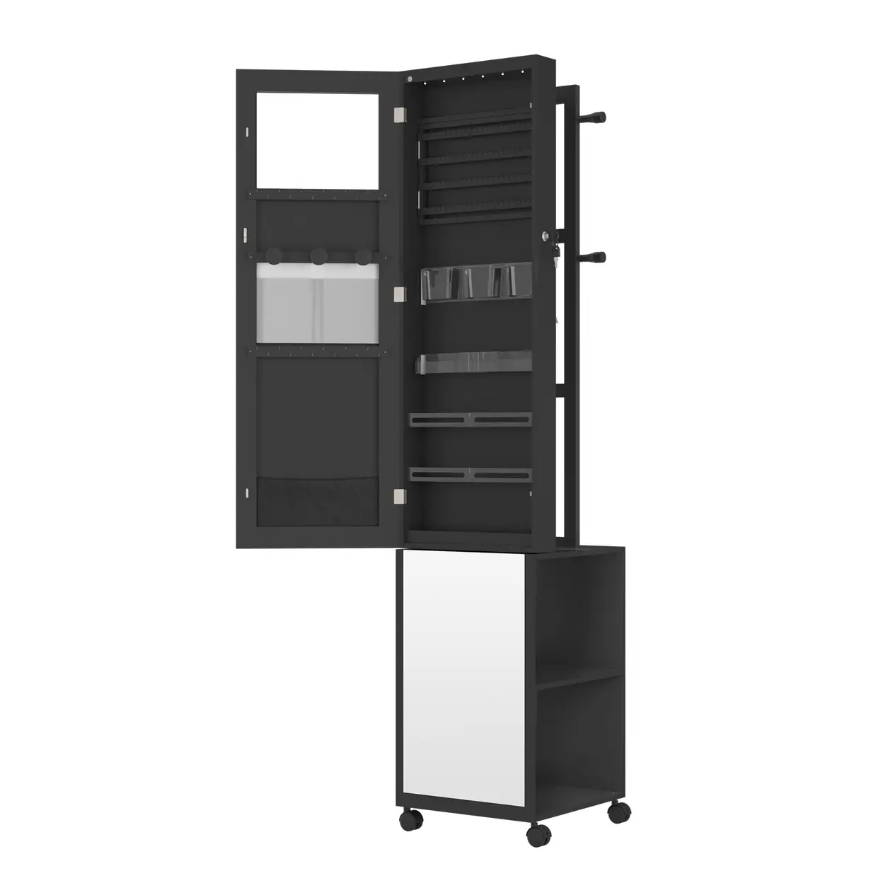 XINZI Abschließbarer Stand-Schrank – 2-in-1-Schrank zur Aufbewahrung von Schmuck und Kosmetik (mit integriertem Spiegel) Schwarz Mit Rädern