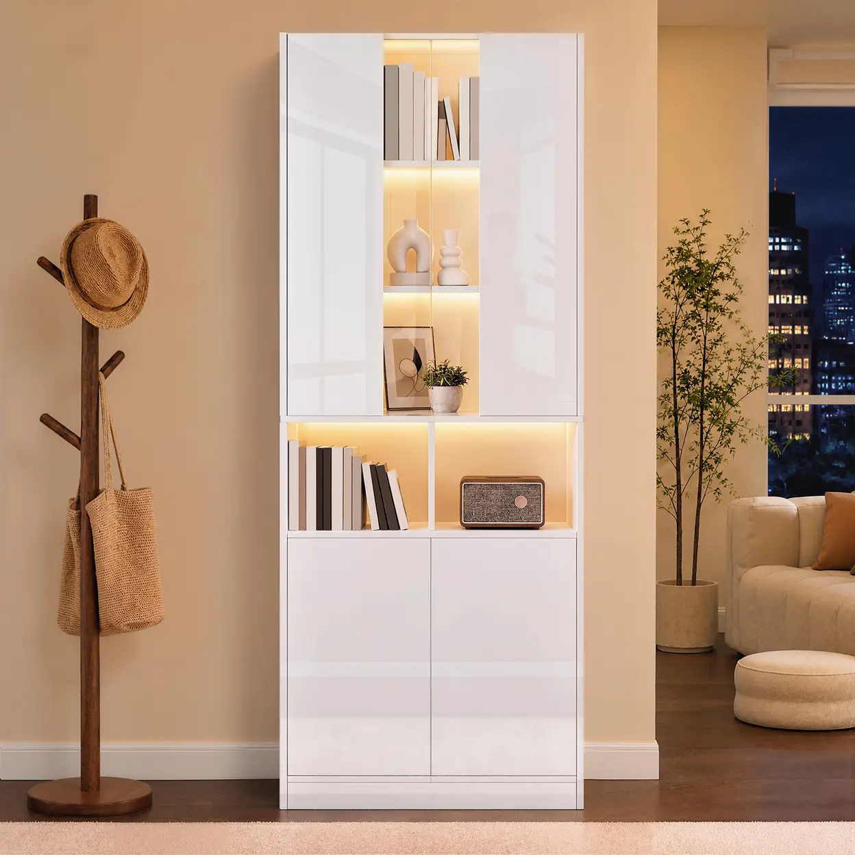 Hochschrank Acryl Sichtfenster LED Beleuchtung App steuerbar zweigeteilt Doppeltüren verstellbarer Einlegeboden Wohnzimmer Flur Schlafzimmer Stauraumschrank | Aufbewahrungs- & Vitrinenschränke