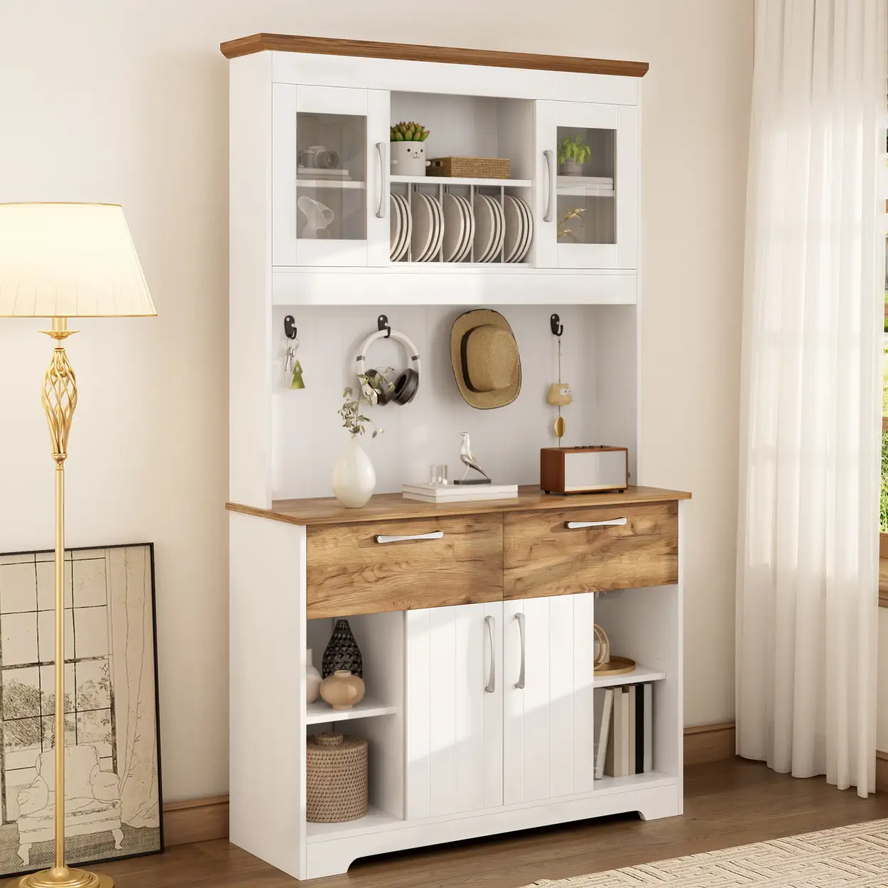 Großer Küchenbuffet Schrank mit Stauraum, Küchenschrank mit Vitrinenfächern, 2 Schubladen, Türen und Hakenleiste – Moderner Buffetschrank für Küche, Esszimmer & Flur, 106 × 39 × 176,5 cm | Aufbewahrungs- & Vitrinenschränke