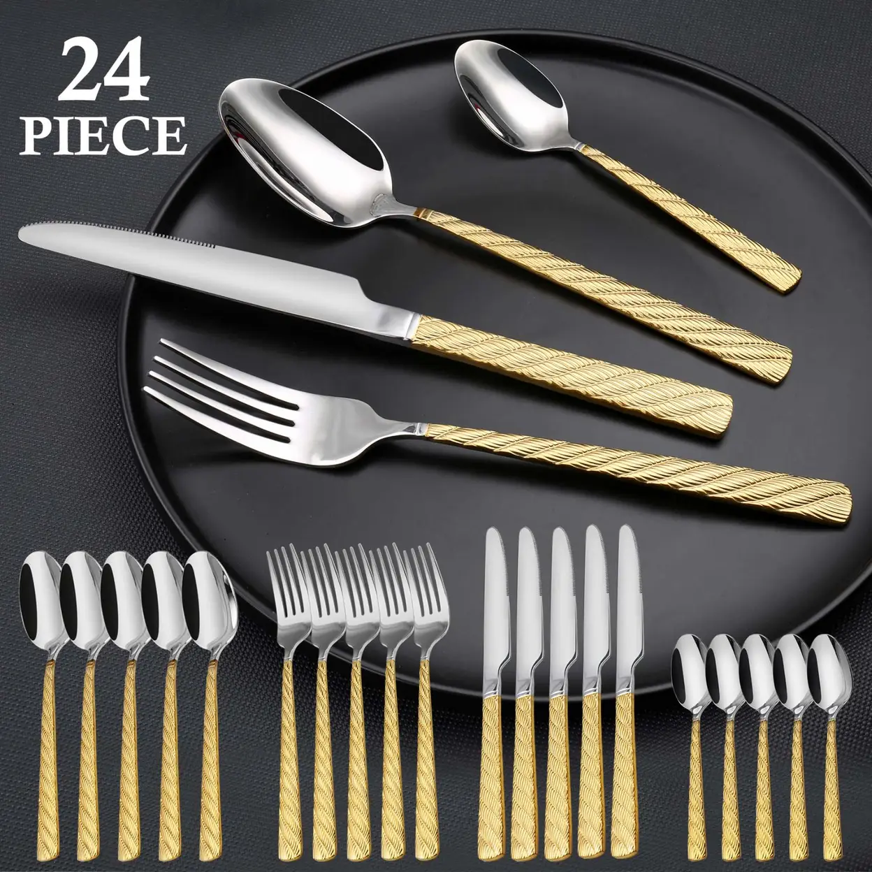 24-teiliges Besteckset im „Roman Rope“-Design (Seiloptik) aus Edelstahl – für 6 Personen (Messer, Gabel, Löffel) – modernes Besteck mit goldenen Griffen für Zuhause, Restaurant oder Party | Besteck