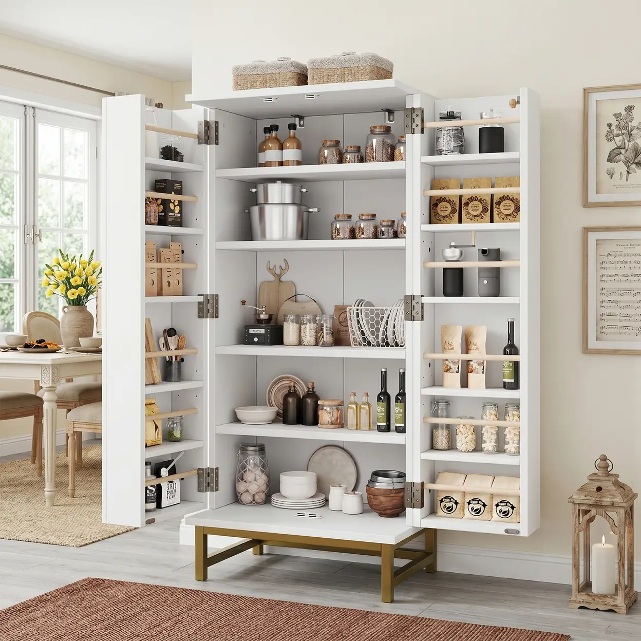 Küchenschränke, Vorratsschränke, Sideboards, geeignet für kleine Räume im Ess- oder Wohnzimmer, mit verstellbaren Einlegeböden, weiß + gold | Sideboards & Konsolentische