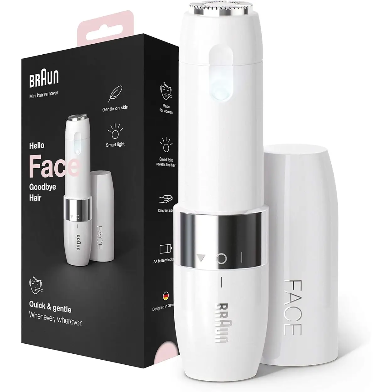Braun Face Mini-Haarentferner, Elektrischer Gesichtshaarentferner für Damen, Kleiner Rasierer für Schnelle und Sanfte Rasur, Oberlippe, Kinn und Wangen, für Unterwegs mit Smartlight, FS1000, Weiß | Haarentfernungsgeräte für Frauen