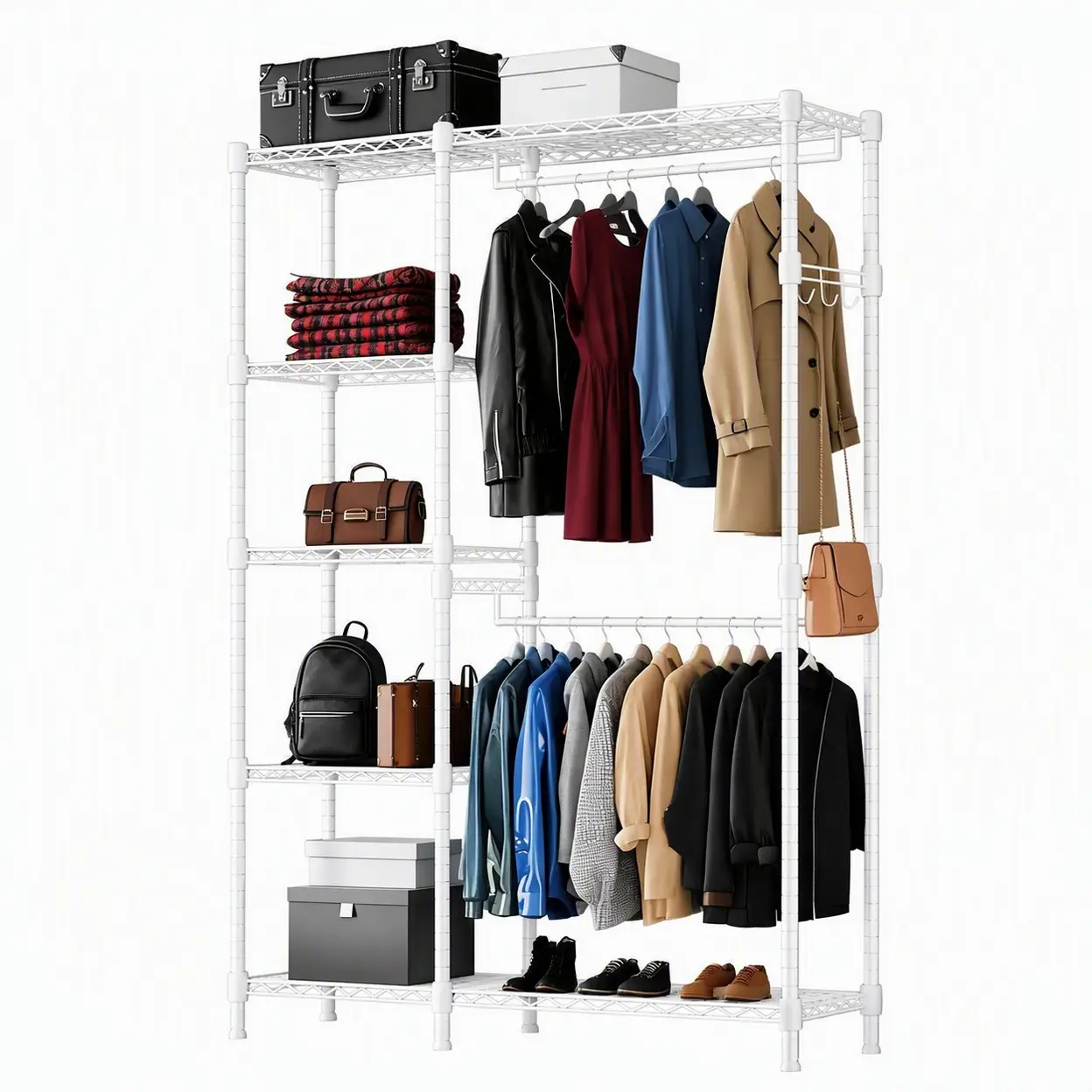 LUCKZON Schwerlast Kleiderständer offen, 114*44*195cm, Kleiderbügel mit Höhenverstellbaren Einlegeböden, 2 Kleiderstangen & 6 Ablagen, Garderobenständer Kleiderschrank, bis 254 kg belastbar Weiß | Kleiderschränke & Kleiderständer