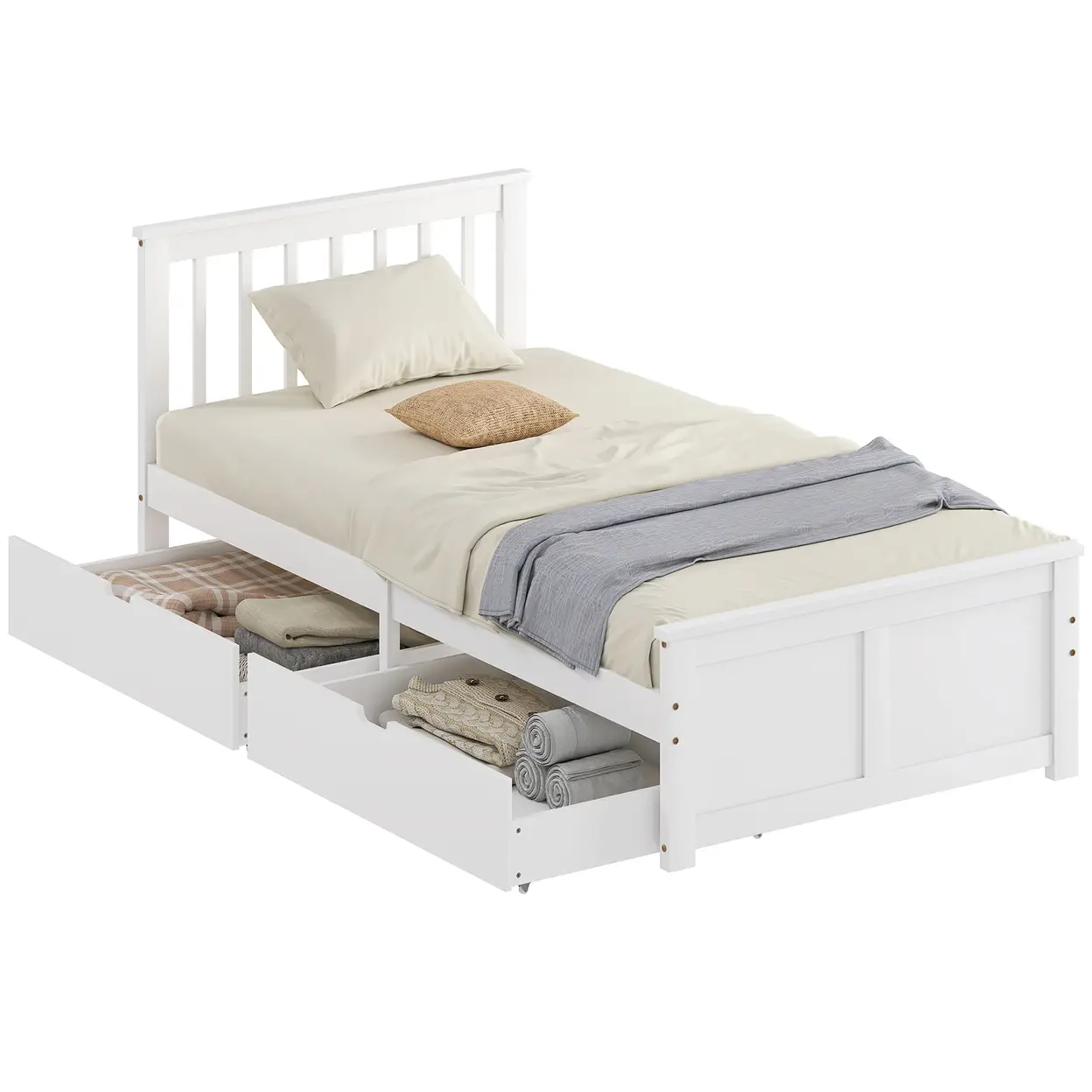 HOMCOM 3ft Single Solid Wooden Bed Frame, Pine Storage Bed with Drawers ...
