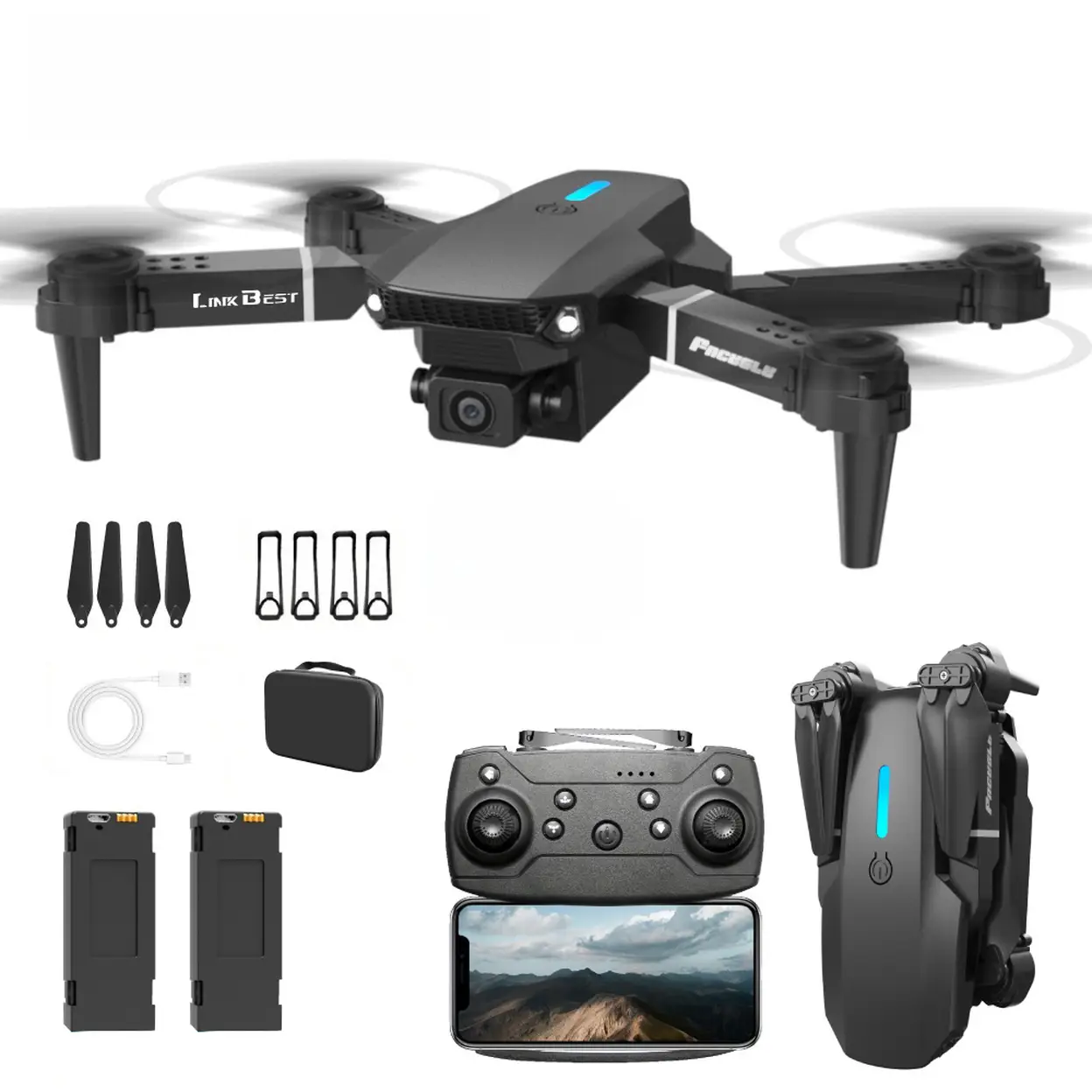 FACEGLE E88 Pro Drohne, Geeignet für Teenager und Anfänger, Ein ideales Geschenk für FPV-Anfänger, HD-Dual-Kamera, Faltbarer Quadcopter, Dual-Akku, 6-8 Minuten Reichweite, Optische Flow-Positionierung zum Hovern, 360°-Stunt-Roll, Schutzrahmen