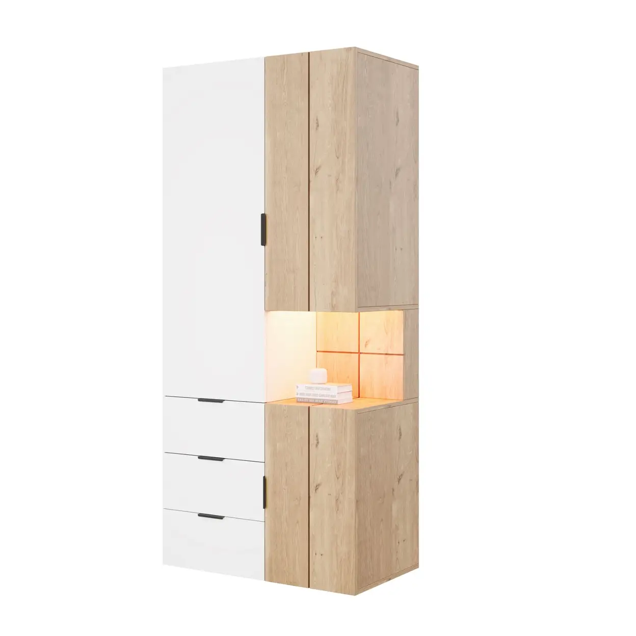 Kleiderschrank mit LED--Beleuchtung und Schmuckschublade, 90 x 49 x 200 cm, mit 2 Kleiderstangen, LED-Streifen und 4 Schubladen, moderner Drehtürenschrank für Schlafzimmer, Wohnzimmer und Kinderzimmer | Kleiderschränke & Kleiderständer