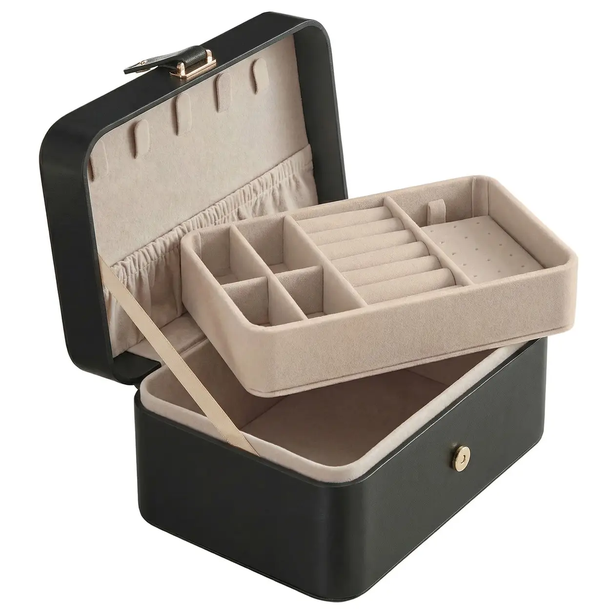 JOYFURNOS Tragbare Schmuckkiste, Reiseschmuckkoffer, 2-stöckiger Schmuck-Organizer, Für größere Accessoires, PU-Oberfläche, Geschenk, Schwarz | Heimaufbewahrung
