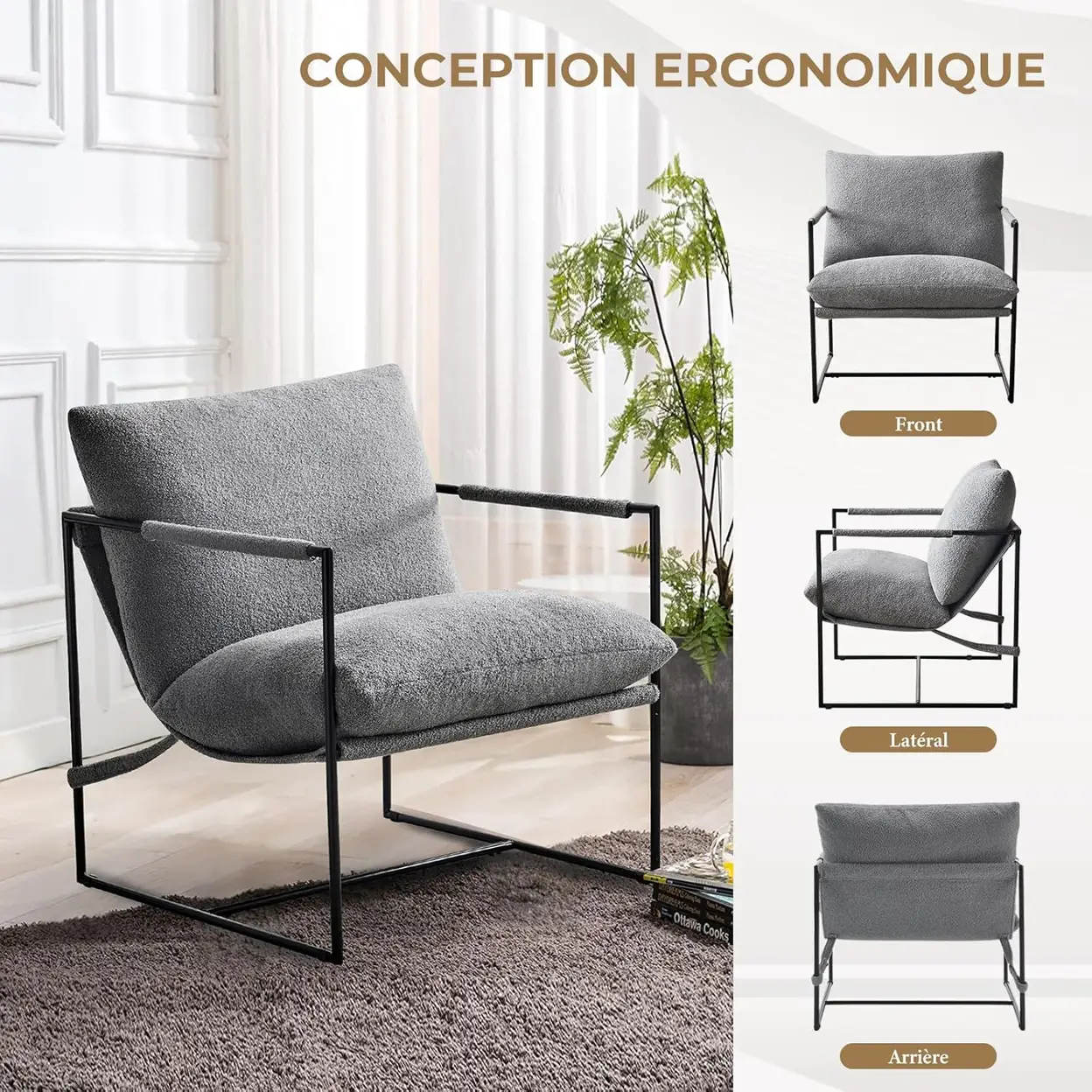 Ckaff Extra großer Akzentstuhl mit Hängesitz 85 x 77,5 x 88 cm, Wohnzimmer-Loungesessel mit Metallrahmen und Polsterung, Ohrensessel, Polsterstuhl, Bouclé für Wohnzimmer, Schlafzimmer, Arbeitszimmer, Grau | Sofas, Sessel & Hocker