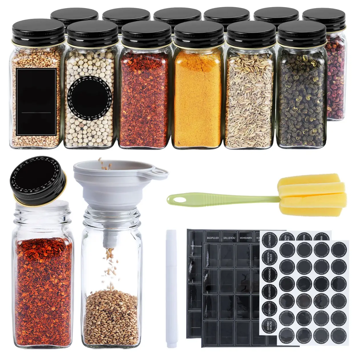 Gewürzgläser Set eckig, Gewürzdosen aus Glas mit Deckel, inkl. Etiketten Silikontrichter Reinigungsbürste, Vorratsdosen für Gewürze Kräuter Tee Kaffee 120ml × 12 Stück Schwarz-goldener Aluminiumdeckel | Gewürzstreuer