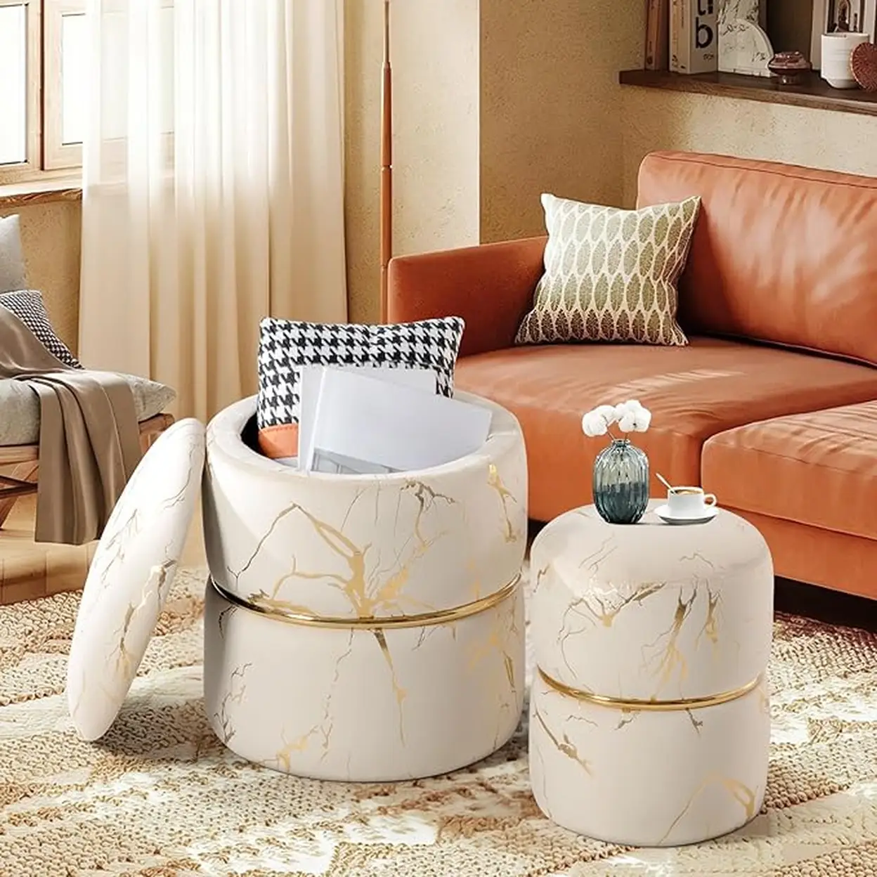 Ckaff 2er-Set Hocker mit Stauraum, Hocker mit Stauraum, Schminkhocker,  Pouf, Sitzhocker, runder Fuhocker mit Stauraum und Boucl-Samtbezug fr  Schminktisch, Schlafzimmer, Wohnzimmer | Bartische & Barhocker | Joybuy