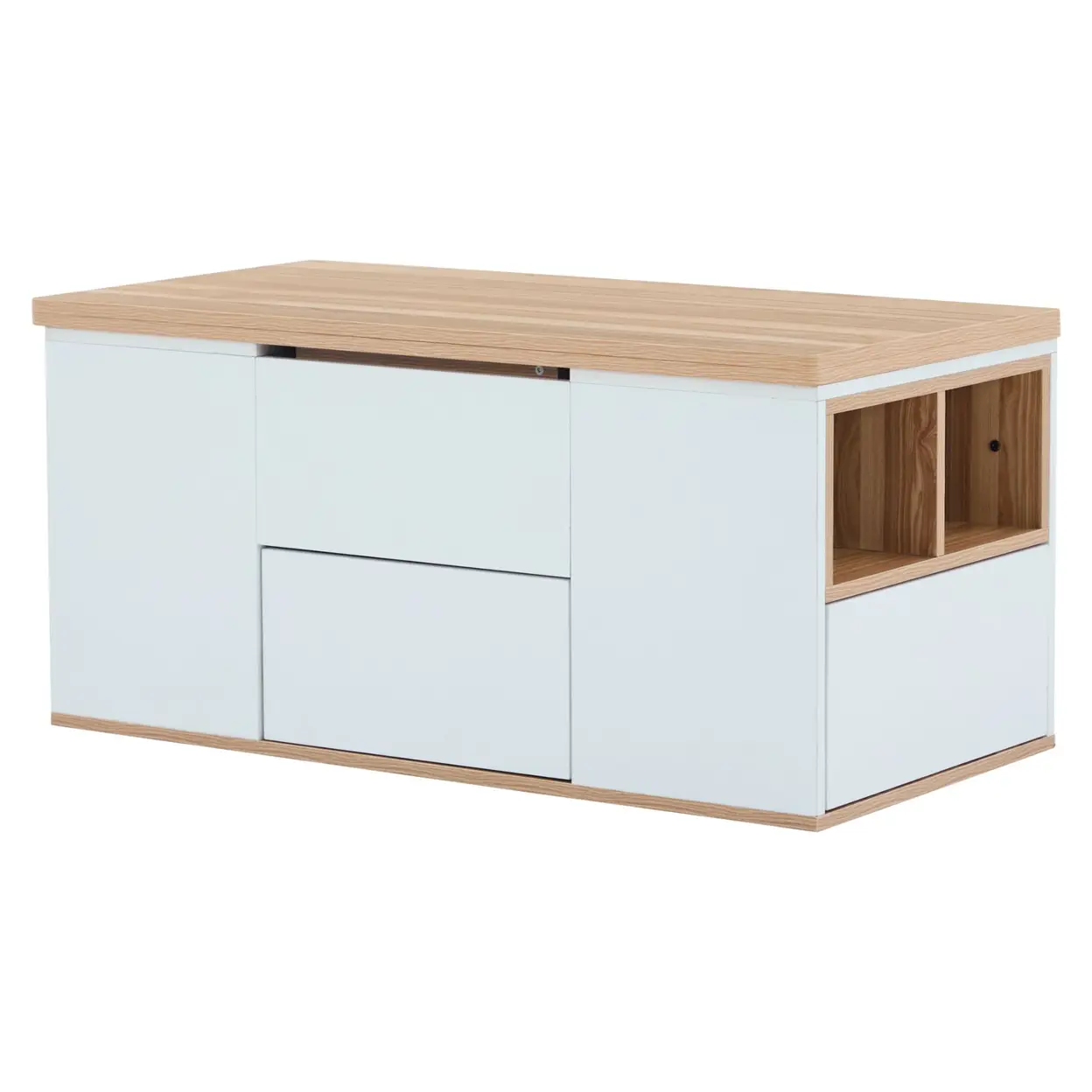 Multifunktionaler Couchtisch mit Lift-Top, Weiß und Naturholz, Tischplatte verwandelt sich in zwei Tische, Große Kapazität, Mehrzweck Wohnzimmer/Büro | Couchtische & Beistelltische
