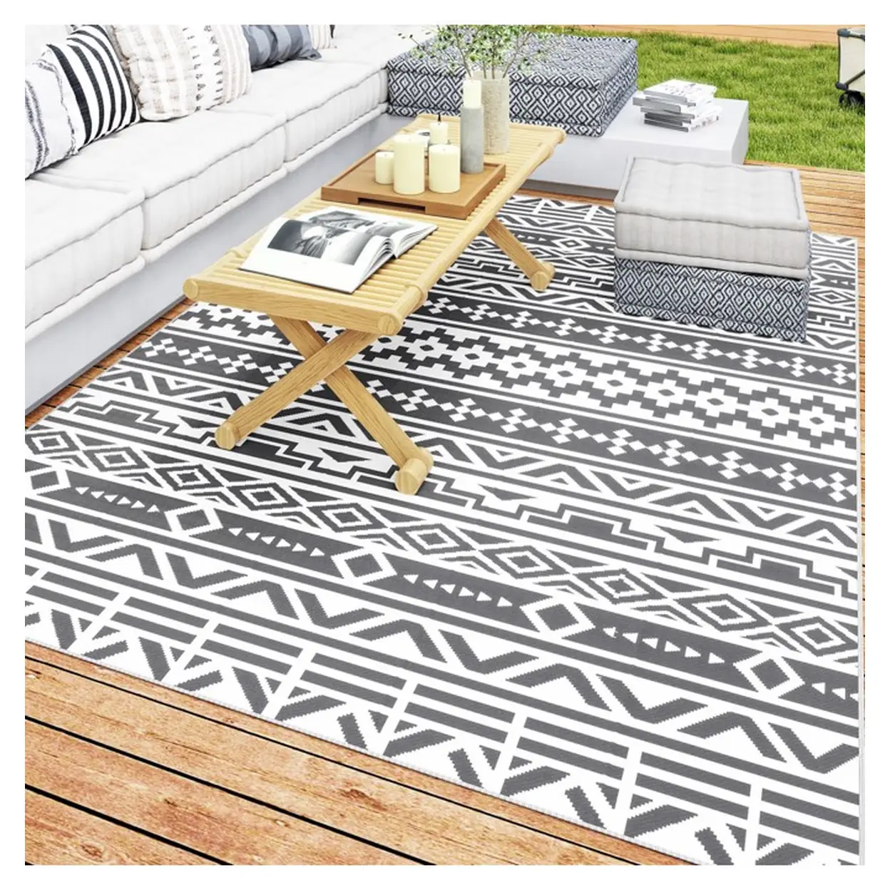 Outsunny Outdoor Teppich robuster Wetterfest Outdoorteppich, faltbar Carpet mit Boho-Style, Outdoor-Teppich für Wohnzimmer Balkon Garten Terrasse Bad Flur Küche, 182 x 274 cm Dunkelgrau+Weiß | Teppiche, Läufer & Fußmatten