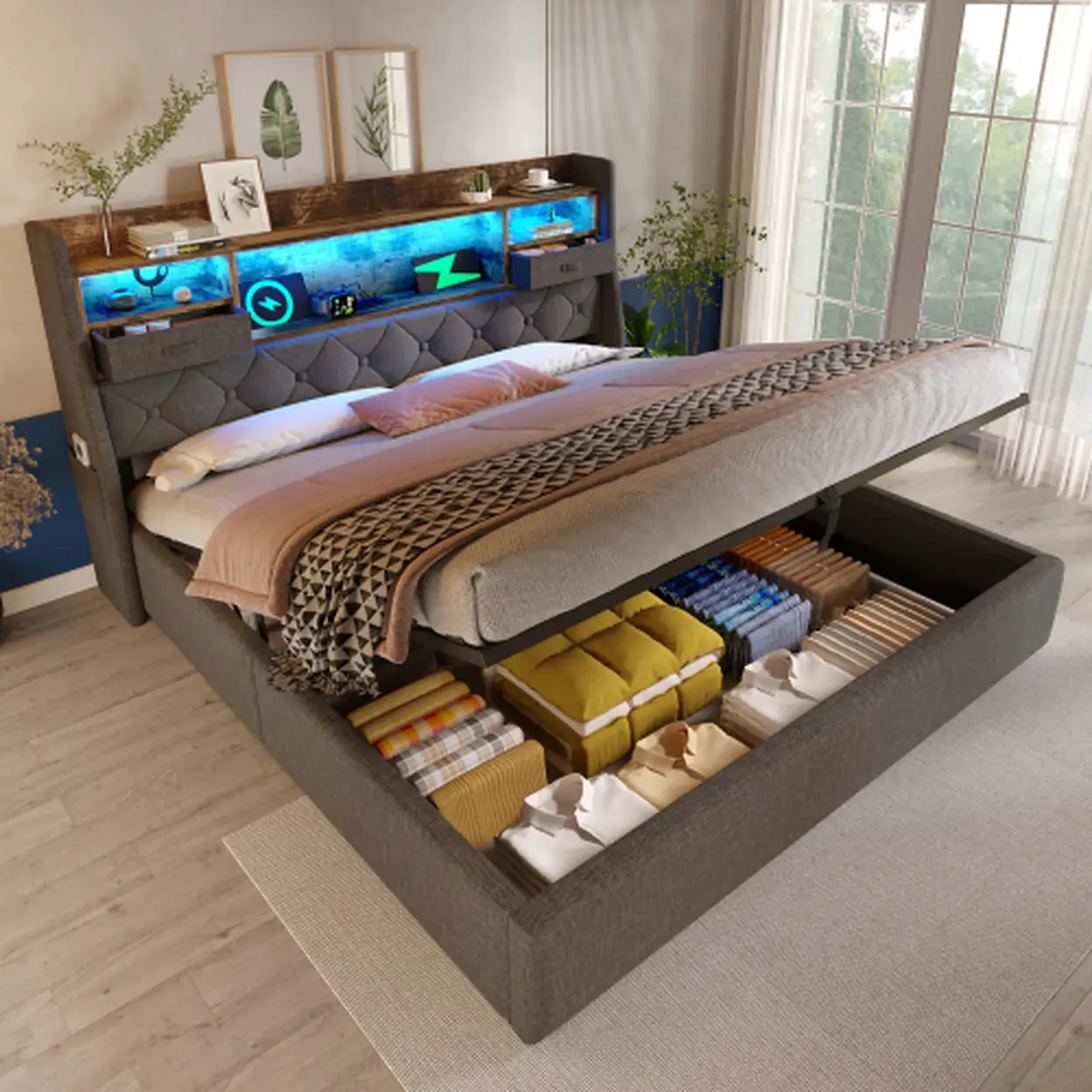 Bettrahmen 180 x 200 cm mit hydraulischem Stauraum und LED-Kopfteil, 4 Ladestationen (USB/Typ-C), Doppelbett, inklusive Lattenrost, grauer Leinenstoff (Matratze nicht enthalten) -1 | Betten, Bettgestelle & Unterbauten