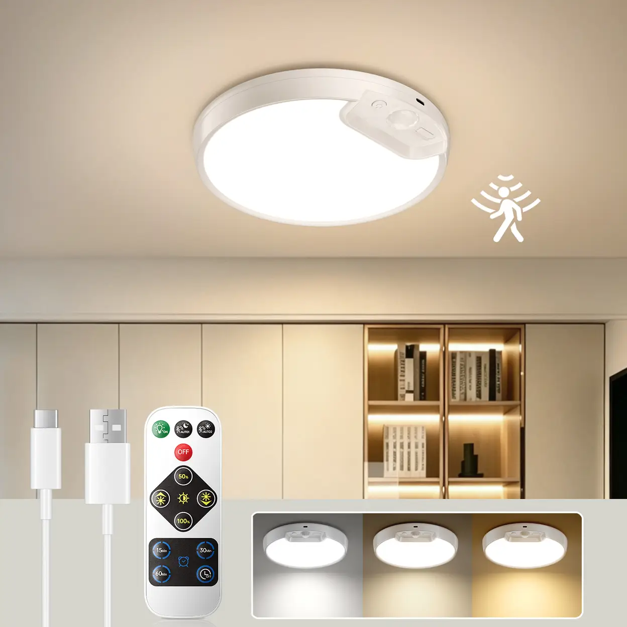 New Upgraded Motion Sensor Ceiling Light with 3 Color Temperatures, 8 ...