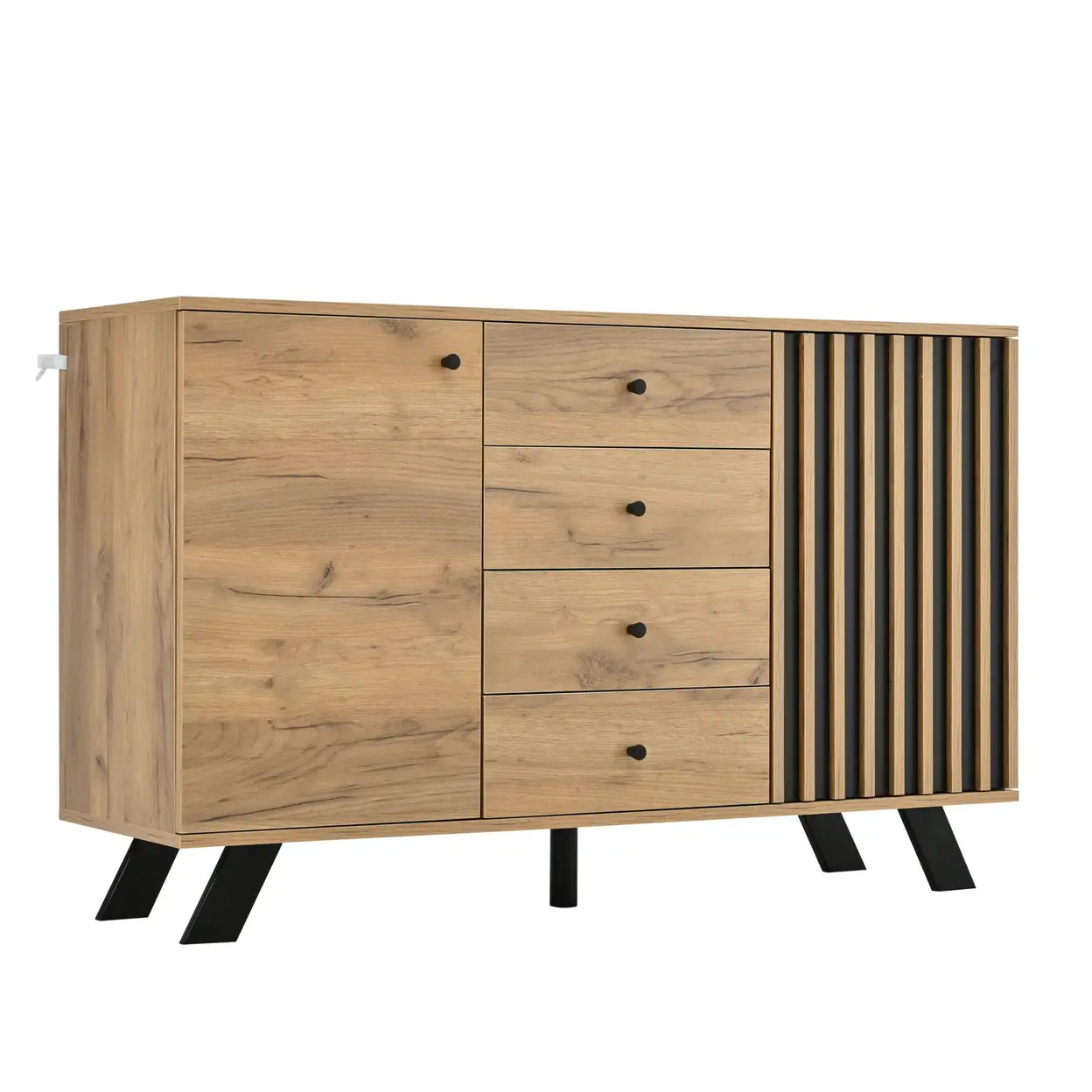 Kommode mit 4 Schubladen，120 x 38 x 75 cm，MDF in Holzoptik und Schwarz，2 Schrankbereiche mit Einlegeböden，Massivholzbeine，dekorative Leistenfront | Aufbewahrungs- & Vitrinenschränke
