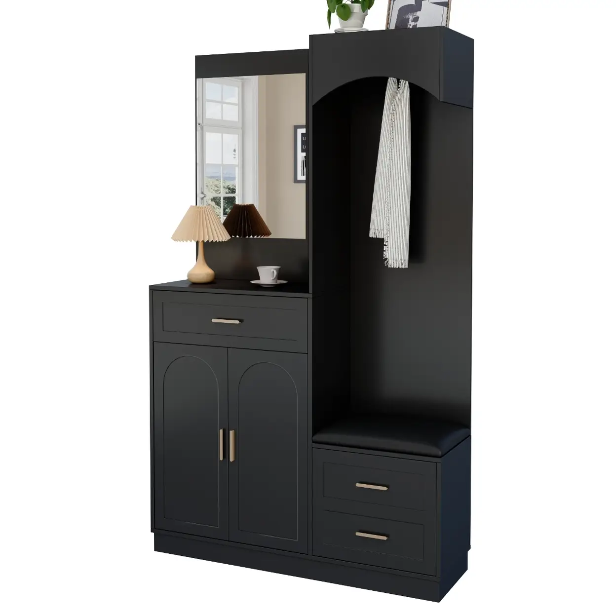 Welltin Schwarze Garderobenschrank-Kombination mit Spiegel und Schuhbank, 110 cm | Flurmöbel