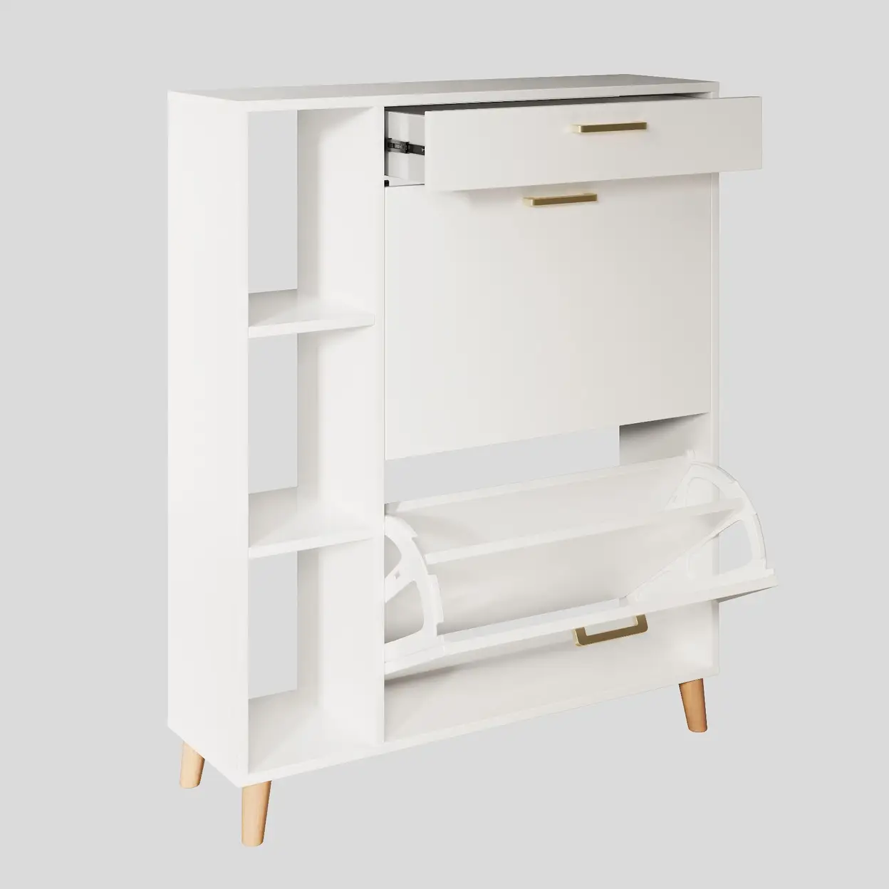 Holz-Schuhschrank mit 2 Türen und 1 Schublade, ausklappbarer Schuh-Organizer, Schuhschrank für den Eingangsbereich, Flur und Wohnzimmer, weiß | Schuhaufbewahrung