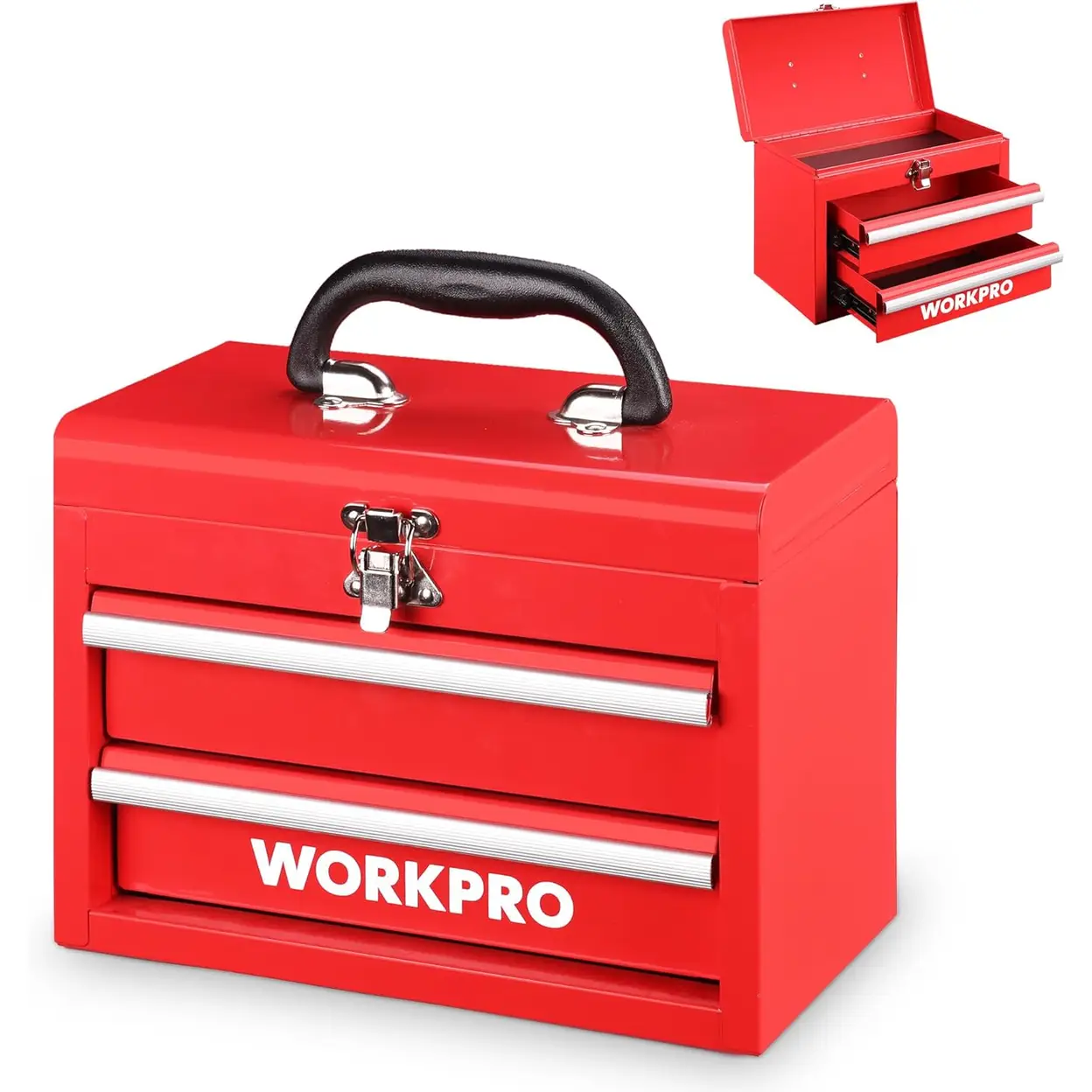 WORKPRO Metall-Schubladenbox mit 2 Schubladen und oberem Stauraum, Rot, 27,5 x 15 x 20,8 cm, Tischorganizer mit Schubladen und Griff für Büro, Umkleideraum und Schreibtisch, tragbarer Werkzeugkasten | Heimaufbewahrung