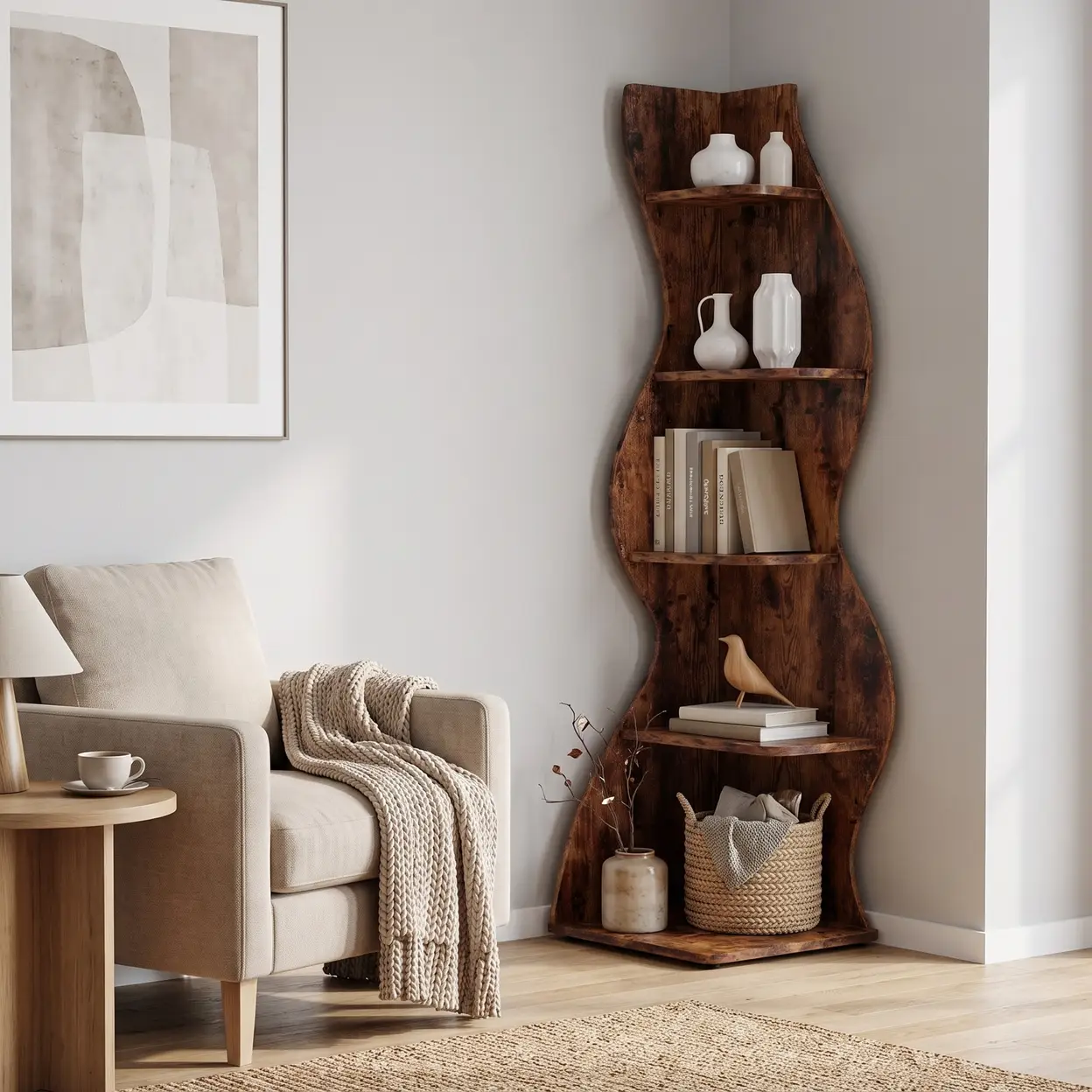 LANTINE schlankes Eckregal mit 5 Ebenen, 49,78 x 47,75 x 177,29 cm, 1 Stück, für Zuhause, Büro und Wohnzimmer | Bücherregale & Regale