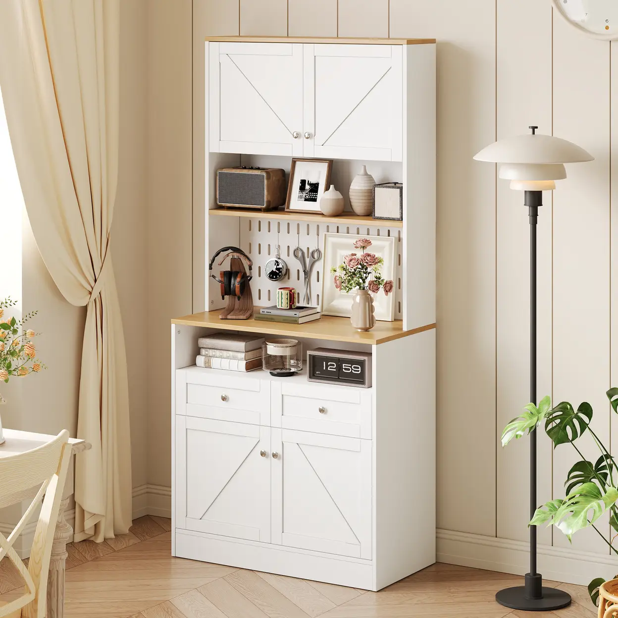 Stilvoller weißer Esszimmer Sideboard mit 2 Schubladen und 4 Türen – Elegantes Buffet für Küche, Esszimmer & Wohnzimmer mit Silber Griffen und großzügigem Stauraum | Aufbewahrungs- & Vitrinenschränke