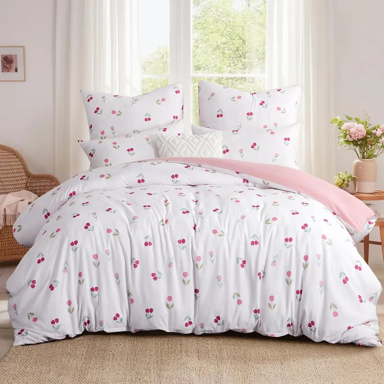 Bettwäsche-Set aus Mikrofaser mit Blumenmuster – weich und knitterarm; inklusive Bettbezug mit Reißverschluss; geeignet für Schlafzimmer im Haus. Blumen Rosa 135 x 200 cm 4 teilig | Laken & Kissenbezüge