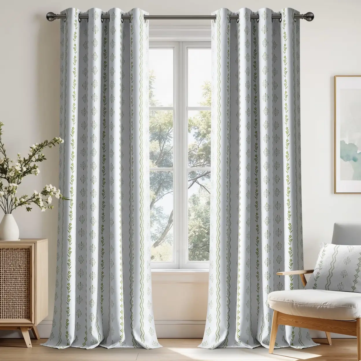 PONY DANCE Boho 100% Verdunkelungsvorhänge 2 Paneele, Salbeigrün mit floralem Zickzack-Muster, thermisch isolierte Gardinen für Wohnzimmer, Schlafzimmer, B 132 × H 245 cm | Vorhänge
