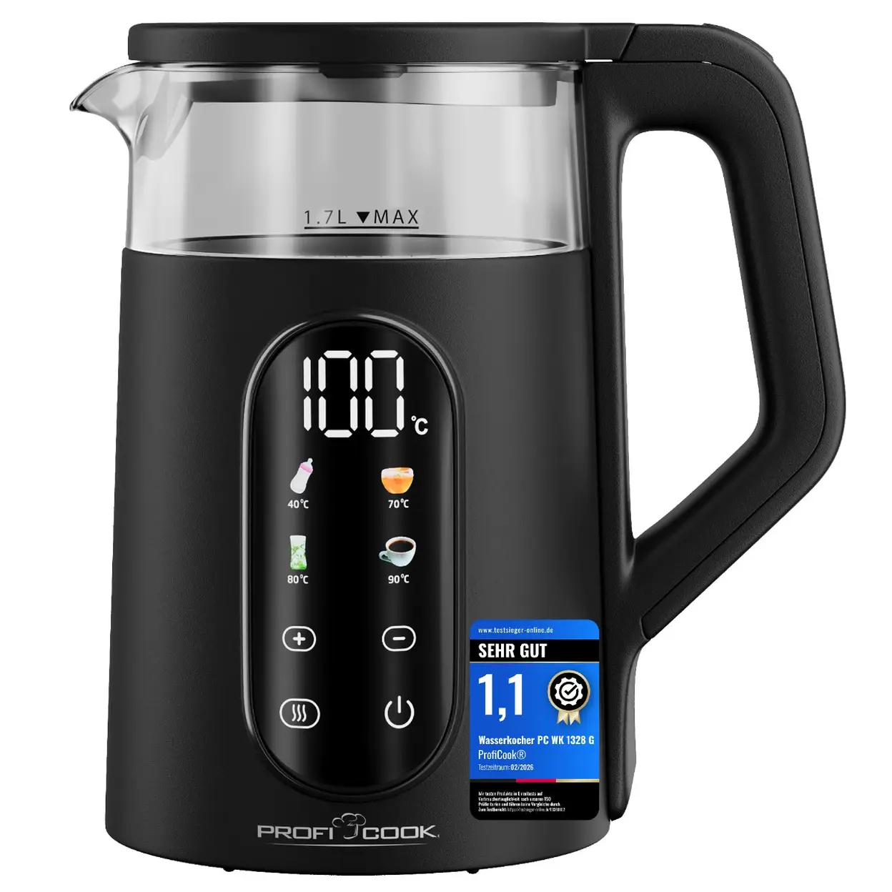 ProfiCook® Wasserkocher mit Temperatureinstellung | 40-100°C | 1,7L | Schnellstartfunktion | 2200W | Glasbehälter wärmeisoliert | Warmhaltefunktion | Einhandbedienung | BPA frei | PC WK 1328 g | Wasserkocher & Heißwasserspender