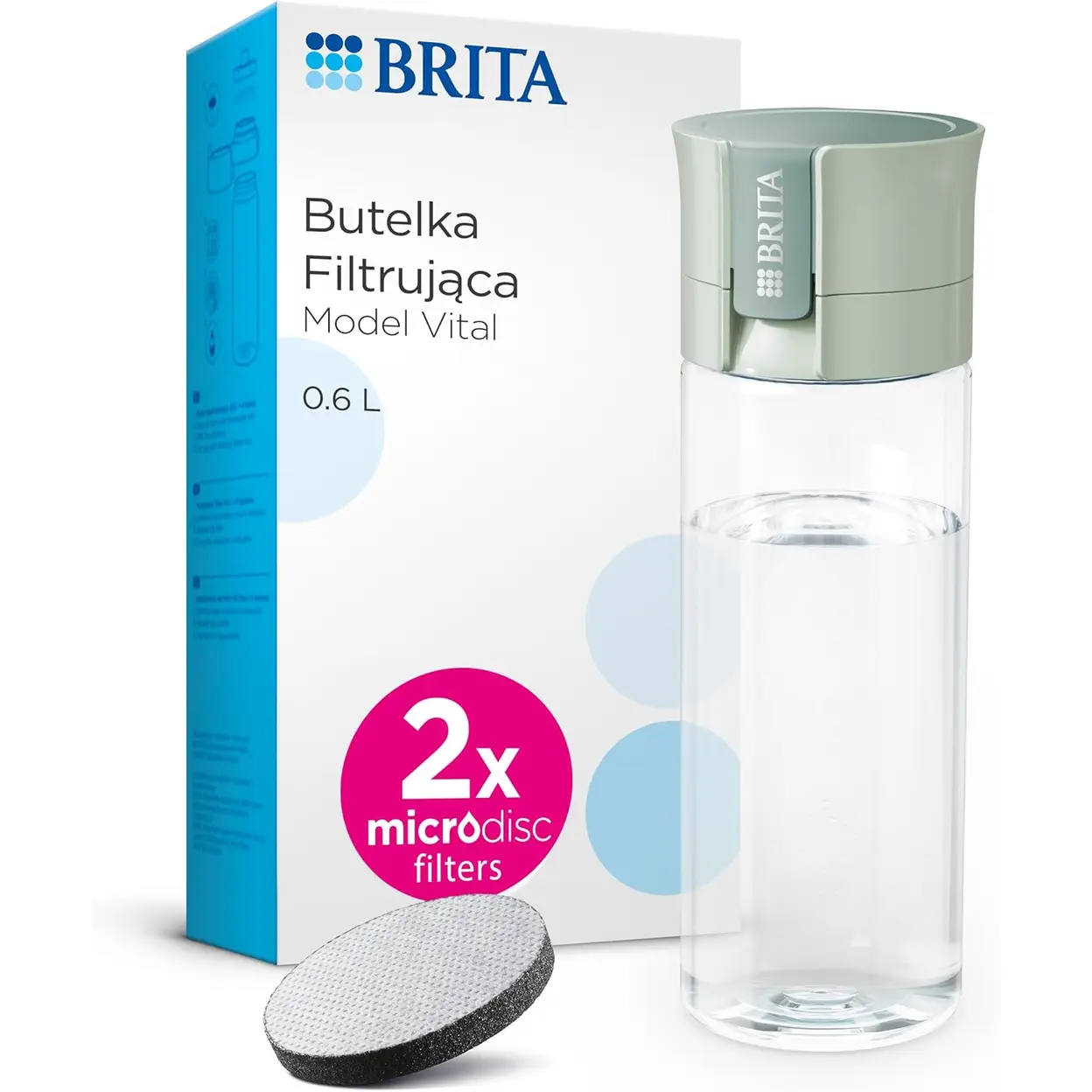 BRITA Vital Light Green 600ml Wasserfilter-Flasche mit 2 MicroDisc-Filtern für unterwegs. Entfernt Chlor, Verunreinigungen, Hormone und erhält Mineralien | Wasserreiniger