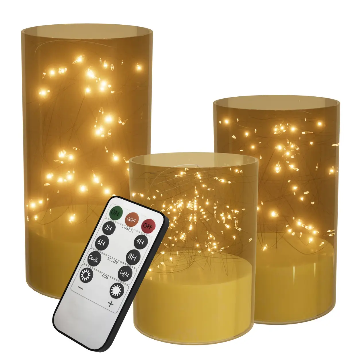 LZQ Flammenlose LED Kerzen, Acryl Transparent Batteriebetriebene, Gefälschte Elektrische mit Fernbedienung und Timer für Home Dekoration, Camping, Hochzeiten Filament – 3er Pack Gold | Spezial- & Dekorationsbeleuchtung