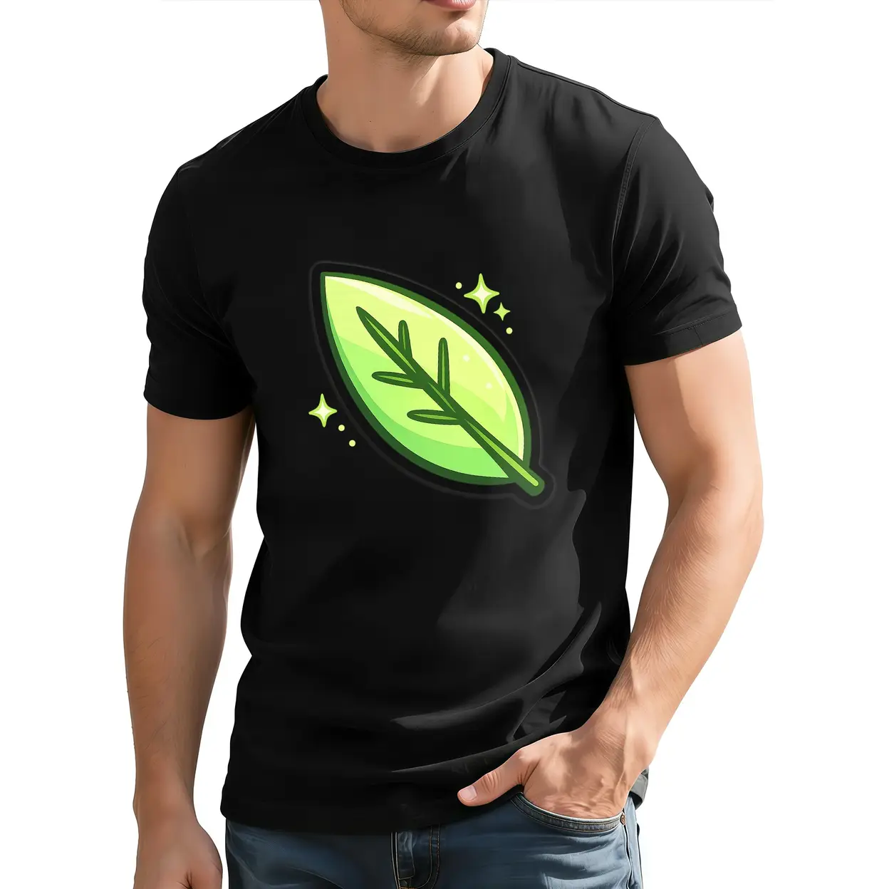 T-shirt homme Noir Motif feuilles Tissu premium, Décontracté ...