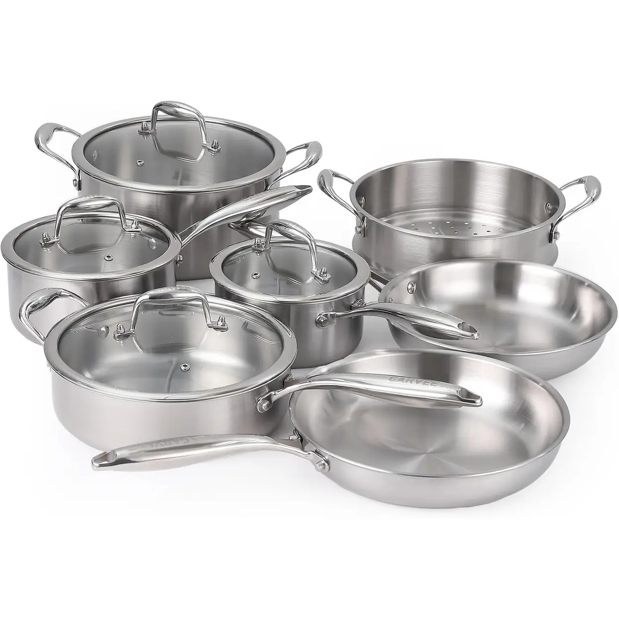 11-teiliges Edelstahl-Kochgeschirr-Set, Stieltöpfe, Bratpfannen, Kochtopf, Dampfgarer, Induktionsherd-Töpfe und Pfannen-Set, 3-lagig, Antihaftbeschichtet, Cool-Touch-Griffe, PFOA-freies Küchen-Kochgeschirr-Set, Backofenfest | Topf- & Pfannensets