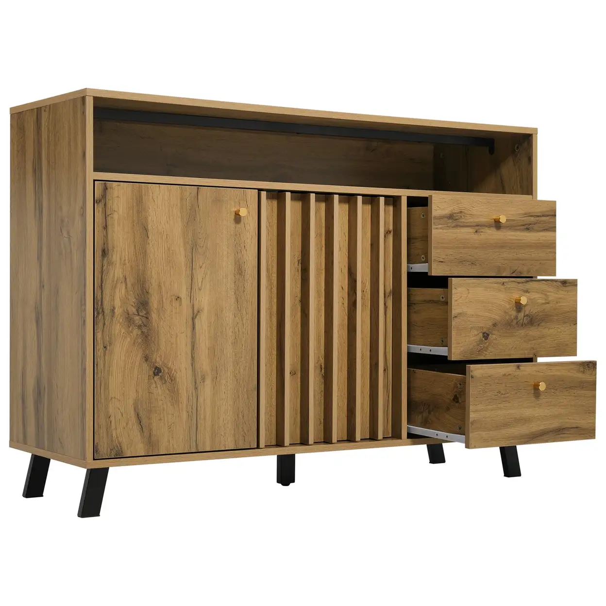 Sideboard Kommode mit 3 Schubladen und 2 Türen Stauraumschrank mit offenem Fach und Lamellenfront im Vintage