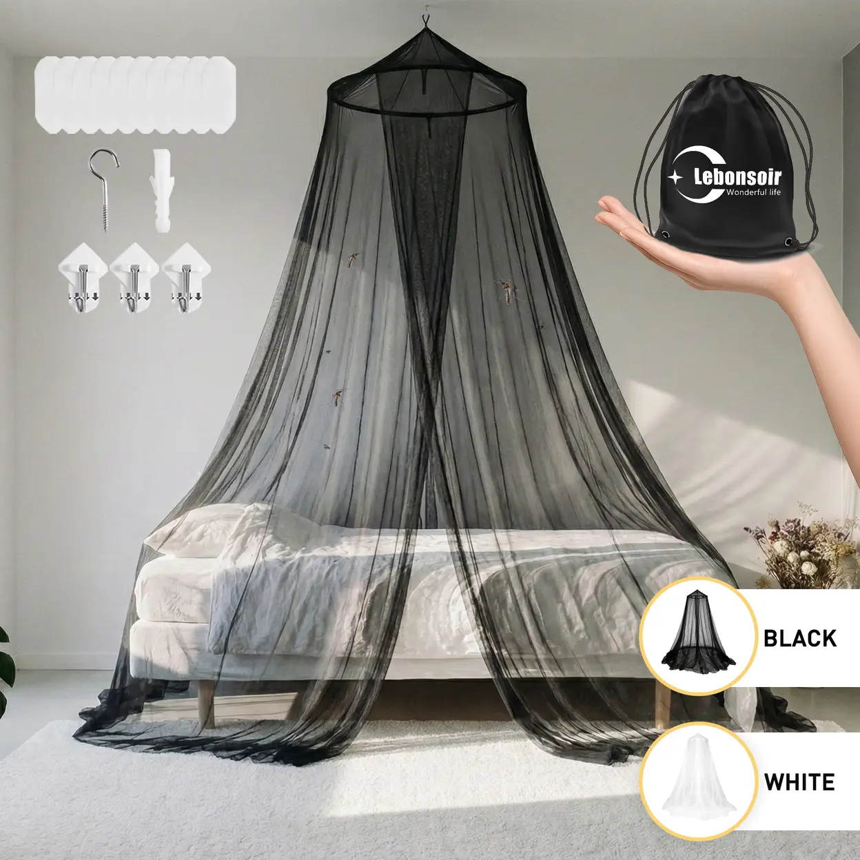 LeBonsoir Moskitonetz  Mckenschutz fr Sommer, Zuhause, Camping, Reisen,  mit Aufbewahrungstasche und bohrerfreien Klebehaken, passend fr  verschiedene Gren, schwarz | Matratzenschoner & Topper | Joybuy
