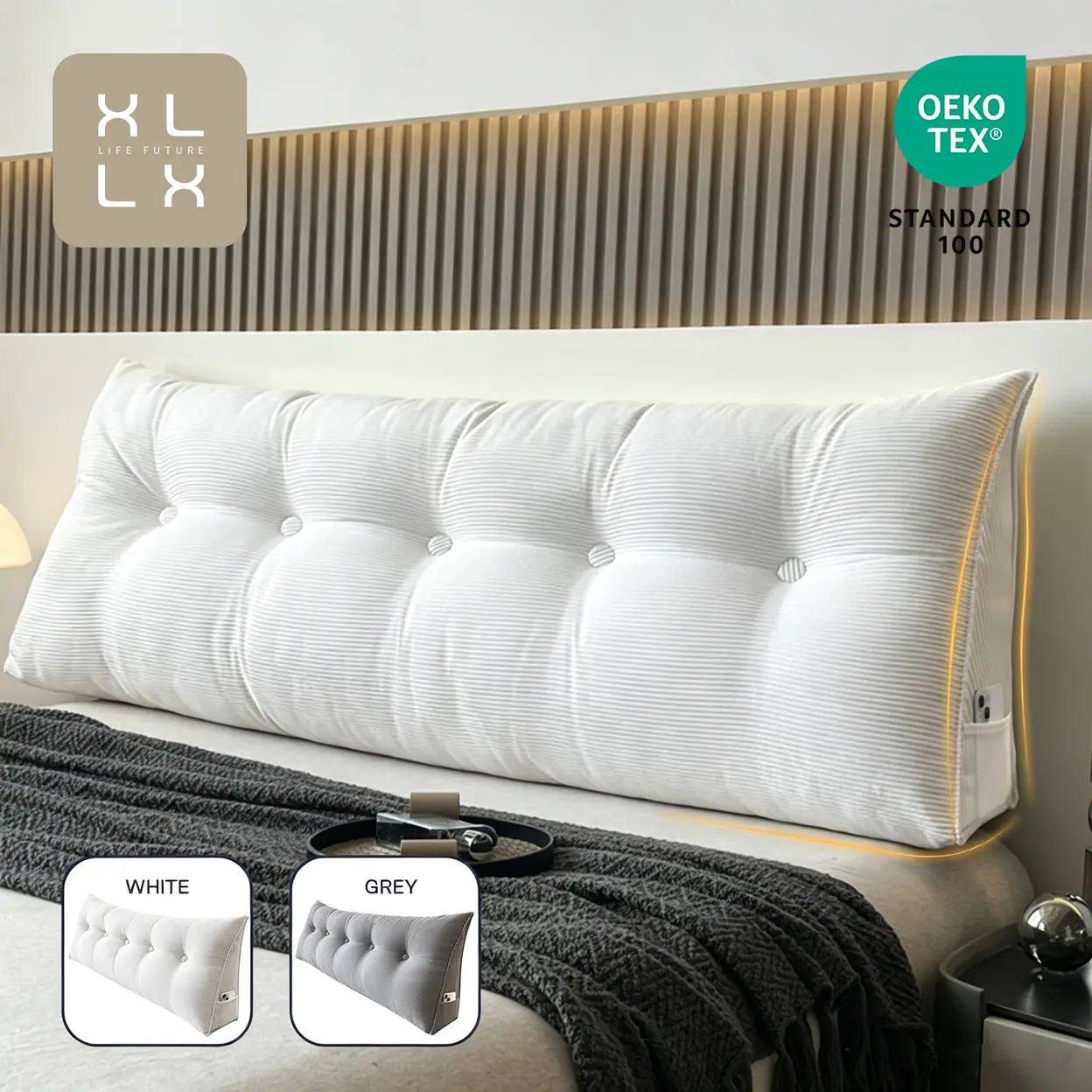 XLLX Rückenkissen - Lesekissen für Bett und Sofa, Keilkissen, Rückenlehne für Wand, Sitzkissen, Wandkissen, Groß mit waschbarem Bezug (Weiß, 150 cm) | Kissen & Zubehör