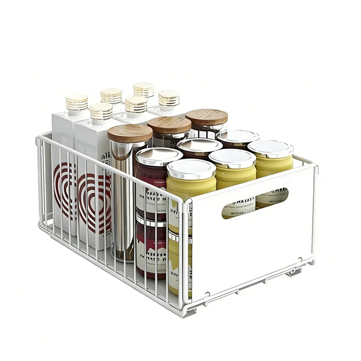Unterschrank-Organizer mit ausziehbarem Design & Klebefolie, Aufbewahrungskorb aus Metall, Ausziehbare Schublade für Schrank, Regal für Küche, Badezimmer, Speisekammer, Weiß L | Küchenaufbewahrung