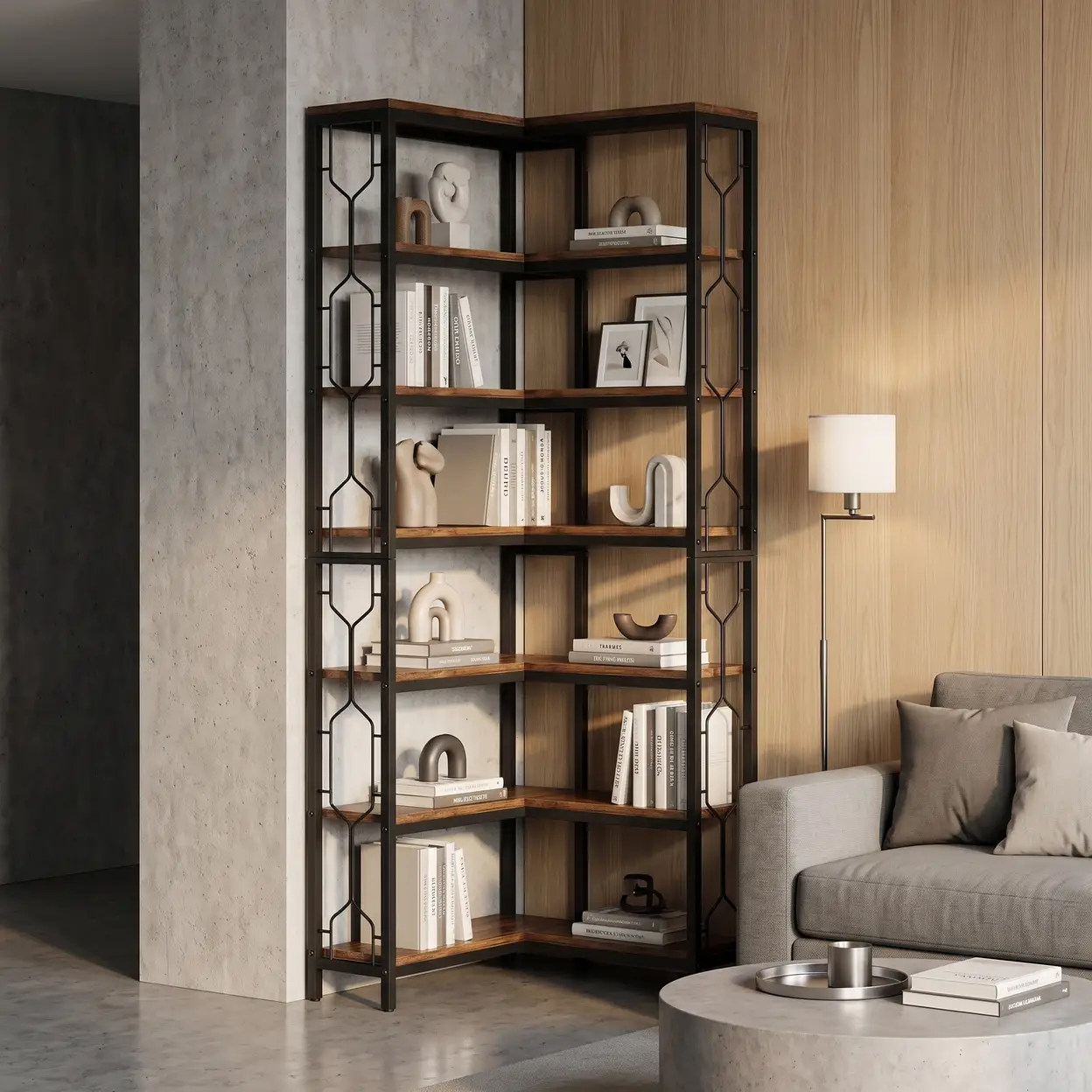 Eck-Bücherregal, 7-stufiges industrielles Eckregal, Holz- und Metall- Eckregal, freistehendes Aufbewahrungsregal für Wohnzimmer, Küche, Homeoffice (Braun) | Bücherregale & Regale