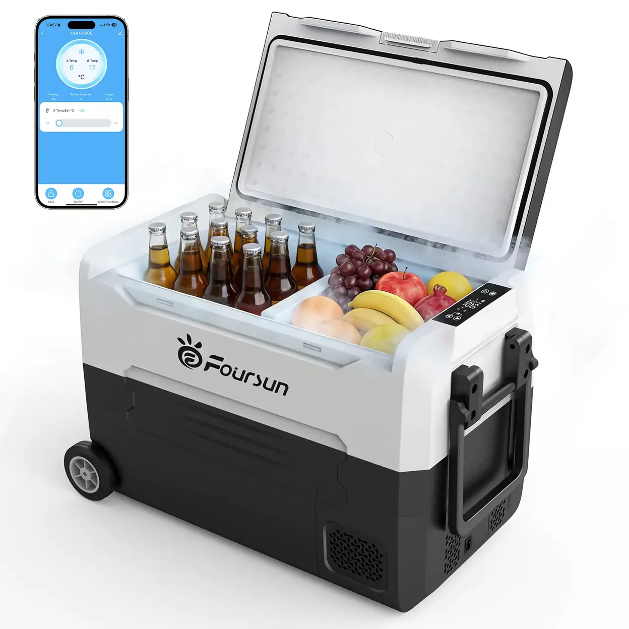 Foursun 45 L Auto-Kühl-Gefrierbox mit Bluetooth-App-Steuerung, tragbare Kompressor-Kühlbox für Camping, Reisen und Zuhause | Auto-Elektrogeräte