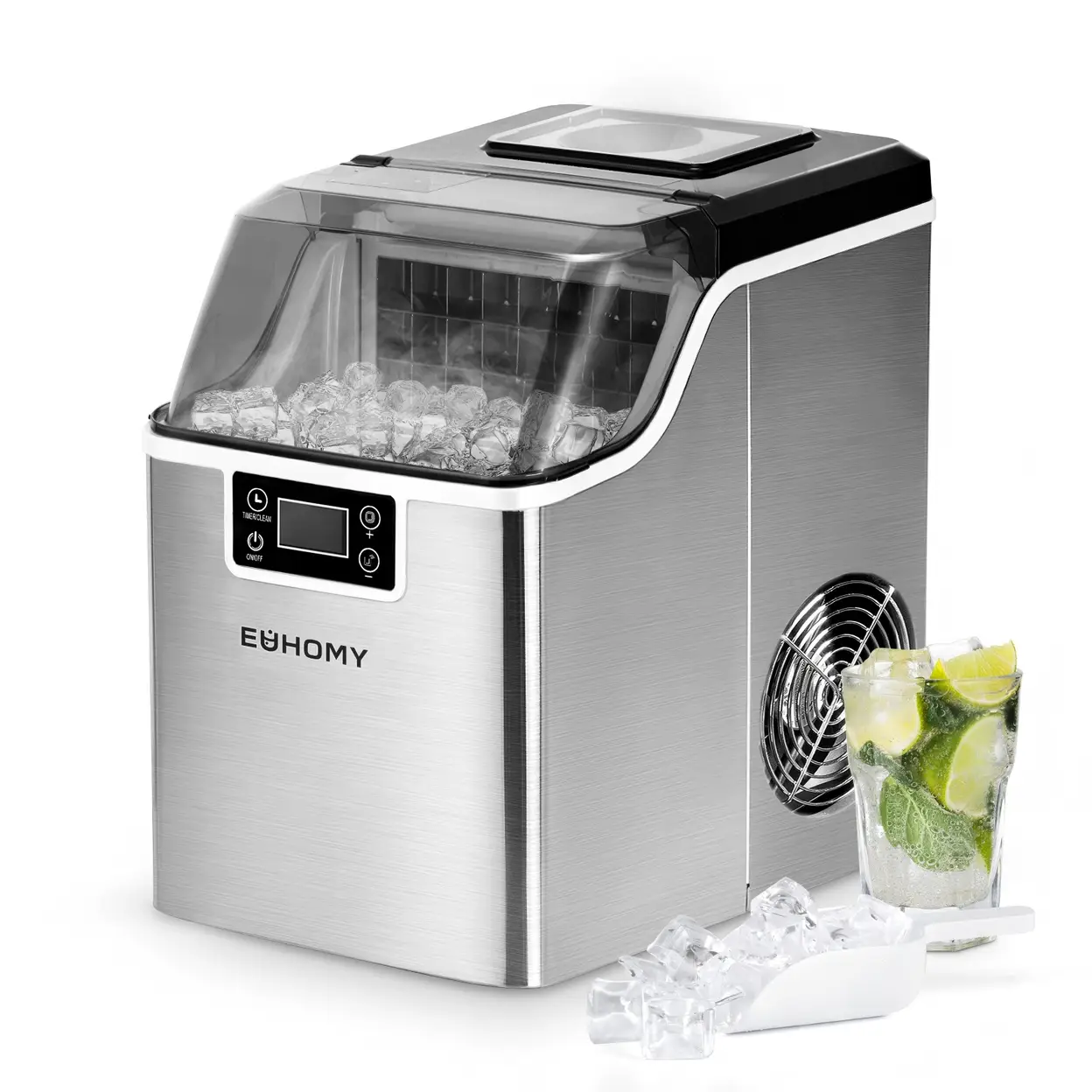 Euhomy Eiswürfelmaschine aus Edelstahl, 24 Eiswürfel in 13 Minuten, 24 kg/24 h, Gastro-Eiswürfelmaschine, selbstreinigender 3,2 L Eisbereiter mit Eisportionierer und Auffangkorb, für Zuhause/Küche/Büro/Bar/Wohnwagen | Eiswürfelmaschinen
