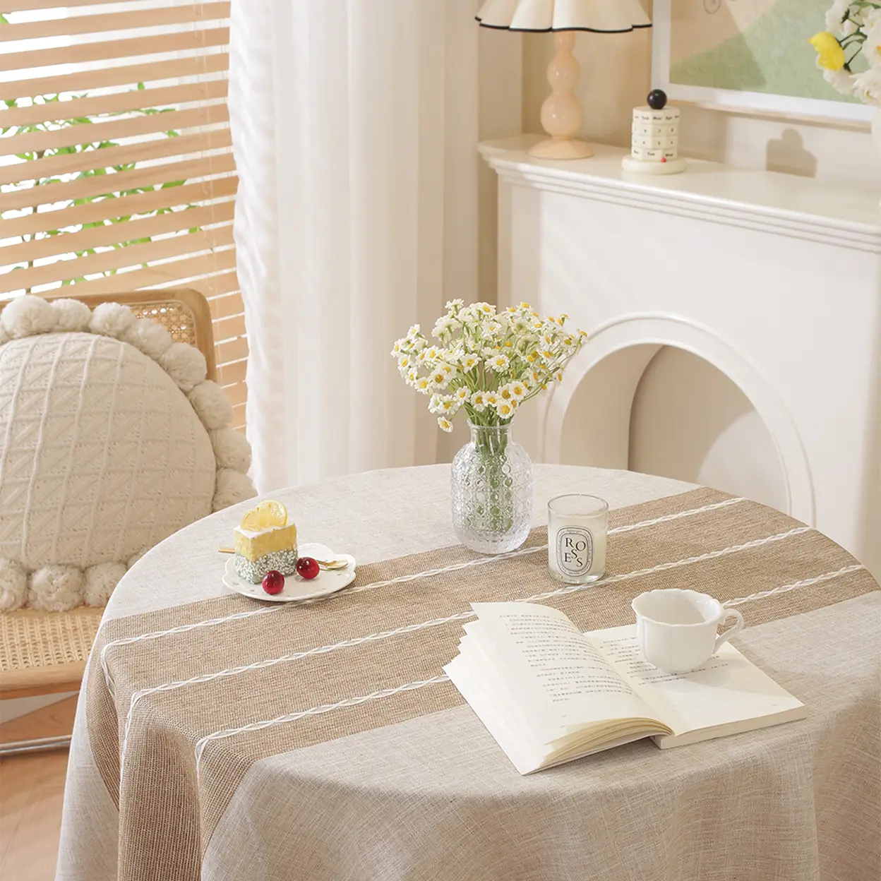 Rustikale Tischdecke aus Baumwoll-Leinen, knitterfrei, 55 Zoll rund, ideal für Partys, Küche, Esszimmer, Feiertage, Weihnachten, Kaffeetische | Küchen- & Tischwäsche