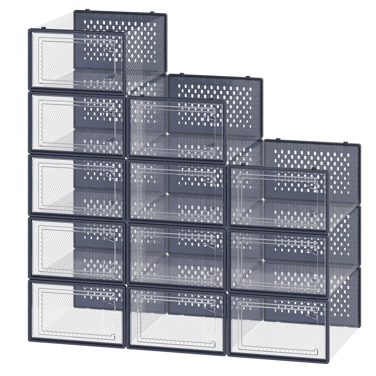 JOYFURNOS 12er-Pack stapelbare Sneaker-Aufbewahrungsboxen, transparente Kunststoff-Schuh-Organizer für Schrank, transparent und blau | Kleider- & Schrankaufbewahrung