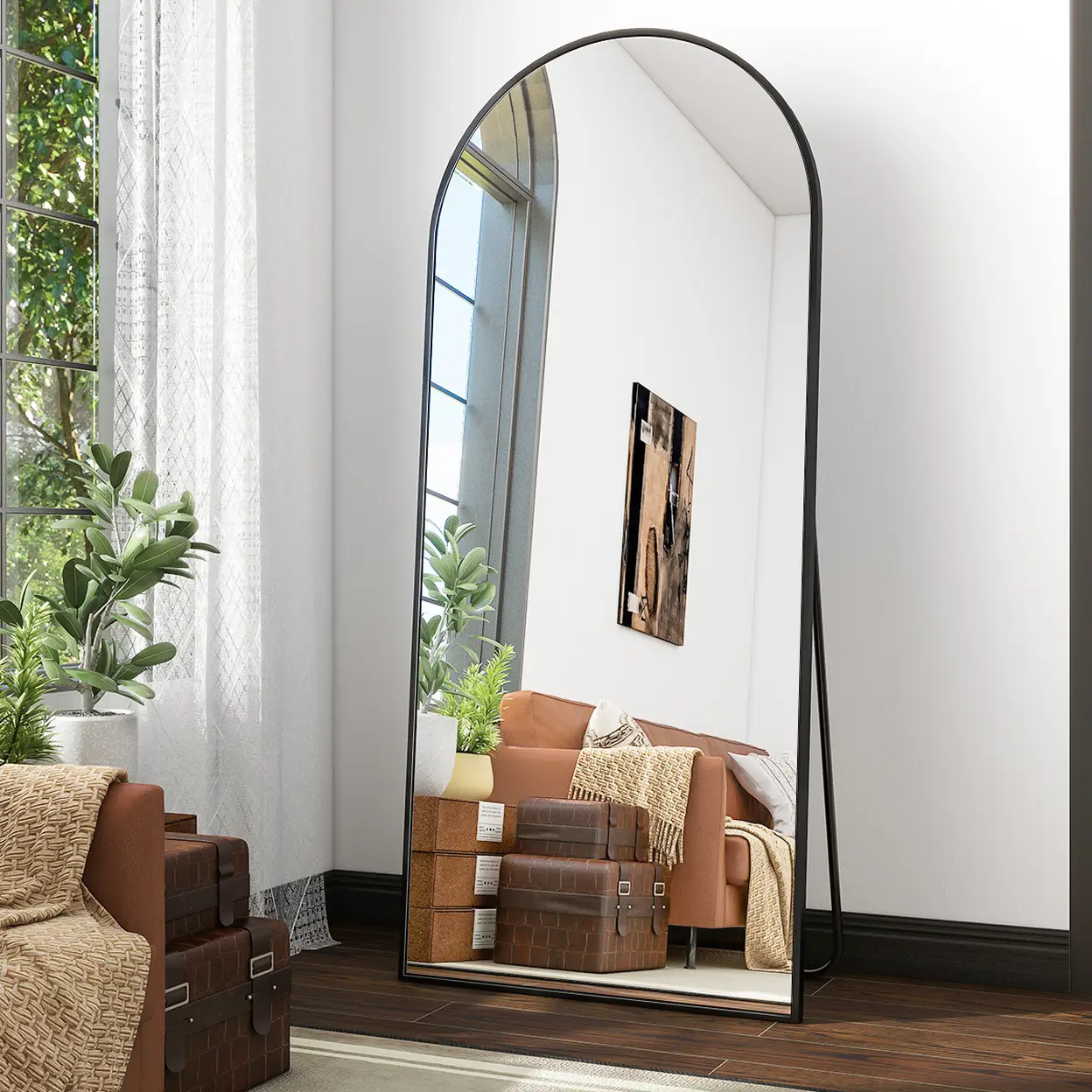 Koonmi Ganzkörperspiegel Bogen 180 x 66 cm Schwarz, Aluminiumrahmen, mit Ständer, zum Anlehnen oder Aufhängen, stabiler Rahmen, Sicherheitsglas für Schlafraum, Ankleide, Wohnzimmer und Flur | Standspiegel