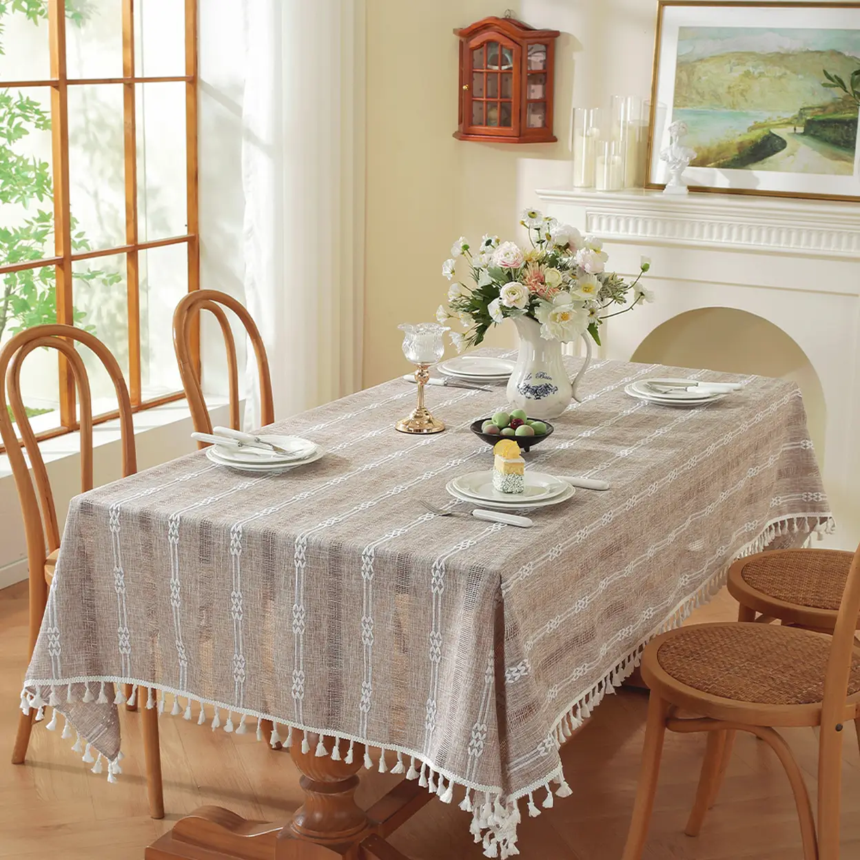 Gehäkelte Stickerei Gestreiftes Boho Tischdecke 55*90 Zoll, Schweres Landhaus Tischdecke, Faltenfreie Waschbare Tischdecke für Rechteckigen Tisch, Hellgrau | Küchen- & Tischwäsche