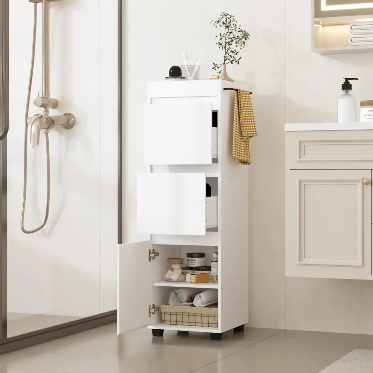 Caldion Badezimmerschrank, weiß, Badezimmerregal mit 2 Schubladen und 1 Schrank, Badezimmerregal mit Griff, freistehender Schrank mit Stauraum, verstellbare Regale, Küchenregal, 40 × 40 × 130 cm | Badezimmerschränke