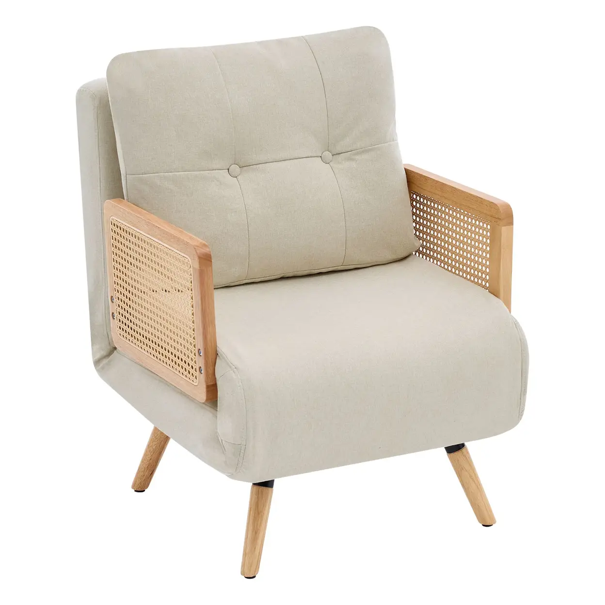 3-in-1 Schlafsessel – ausklappbares Gästebett, 5-fach verstellbare Rückenlehne, Rattan-Armlehnen – Polsterbezug in Beige | Sofas, Sessel & Hocker